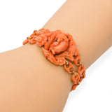 Antique Victorian 14k Yellow Gold Lamb in Flowers Carved Coral Link Bracelet