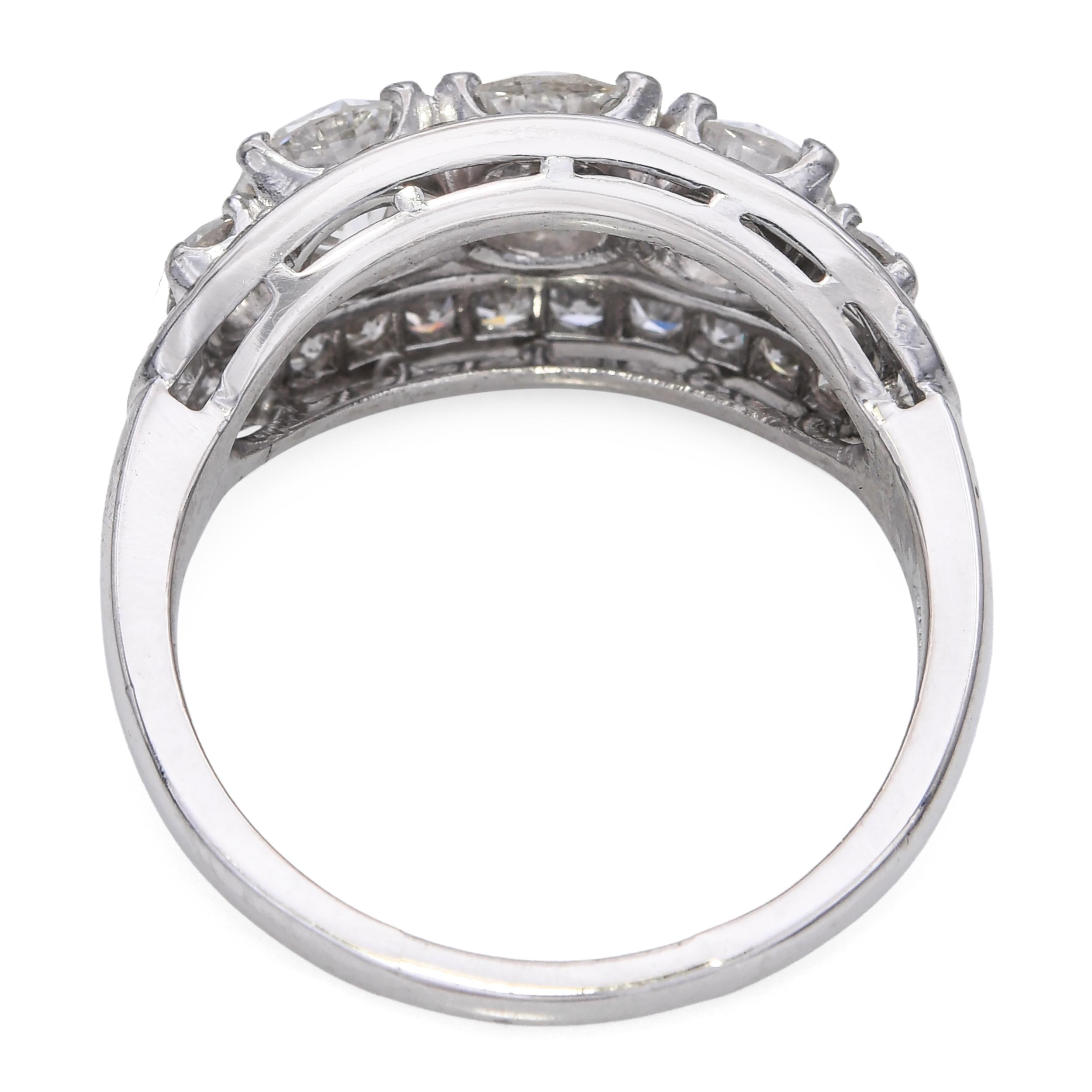 Vintage Platinum 2.63tcw Old Euro Diamond Three Stone Cluster Ring