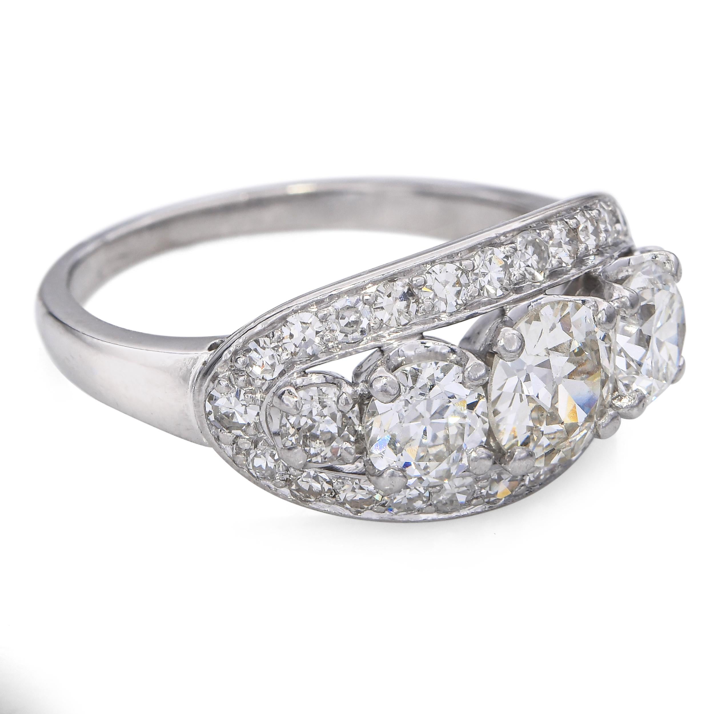 Vintage Platinum 2.63tcw Old Euro Diamond Three Stone Cluster Ring