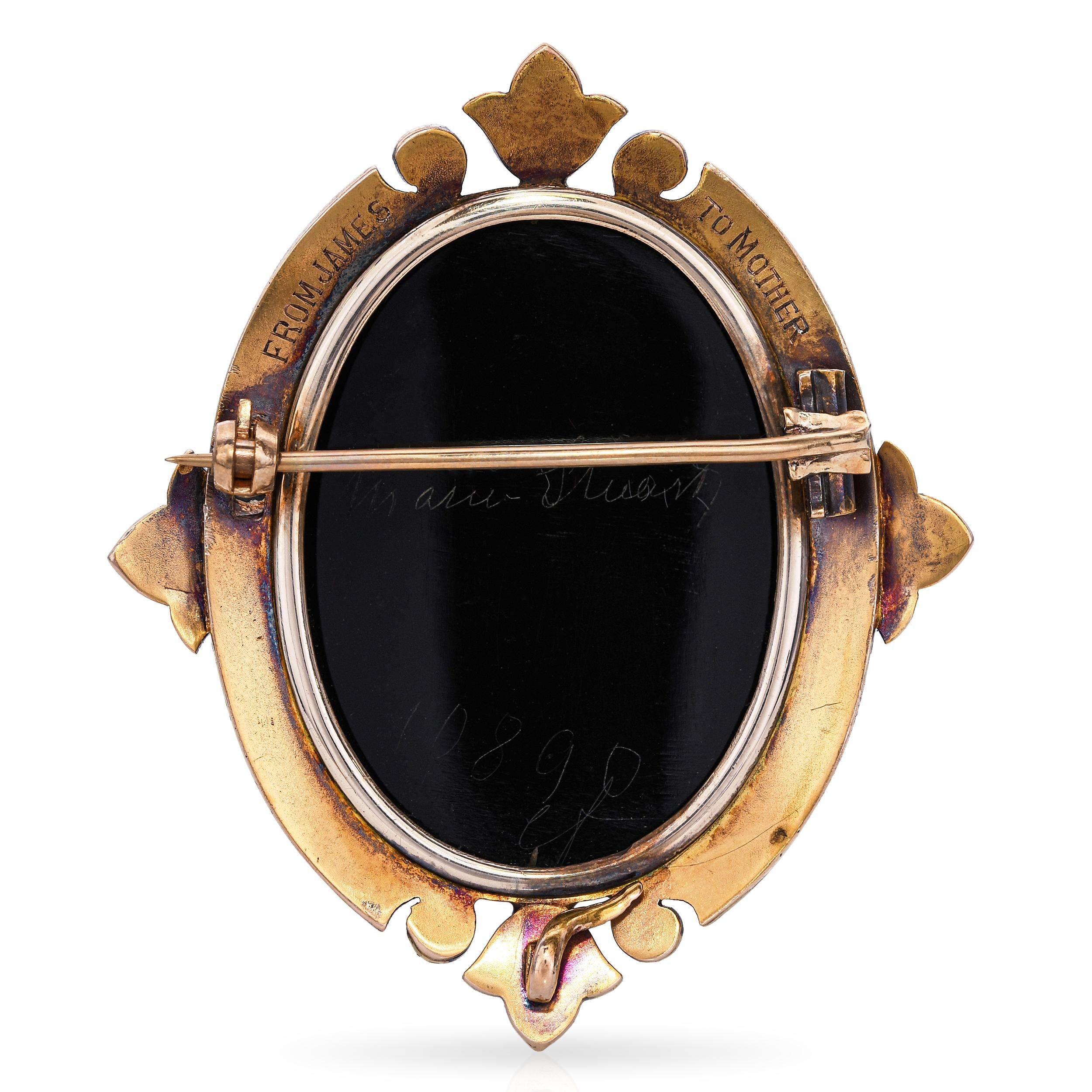 Antique 20K Yellow Gold Mary Stuart Hardstone Cameo Brooch with Seed Pearls