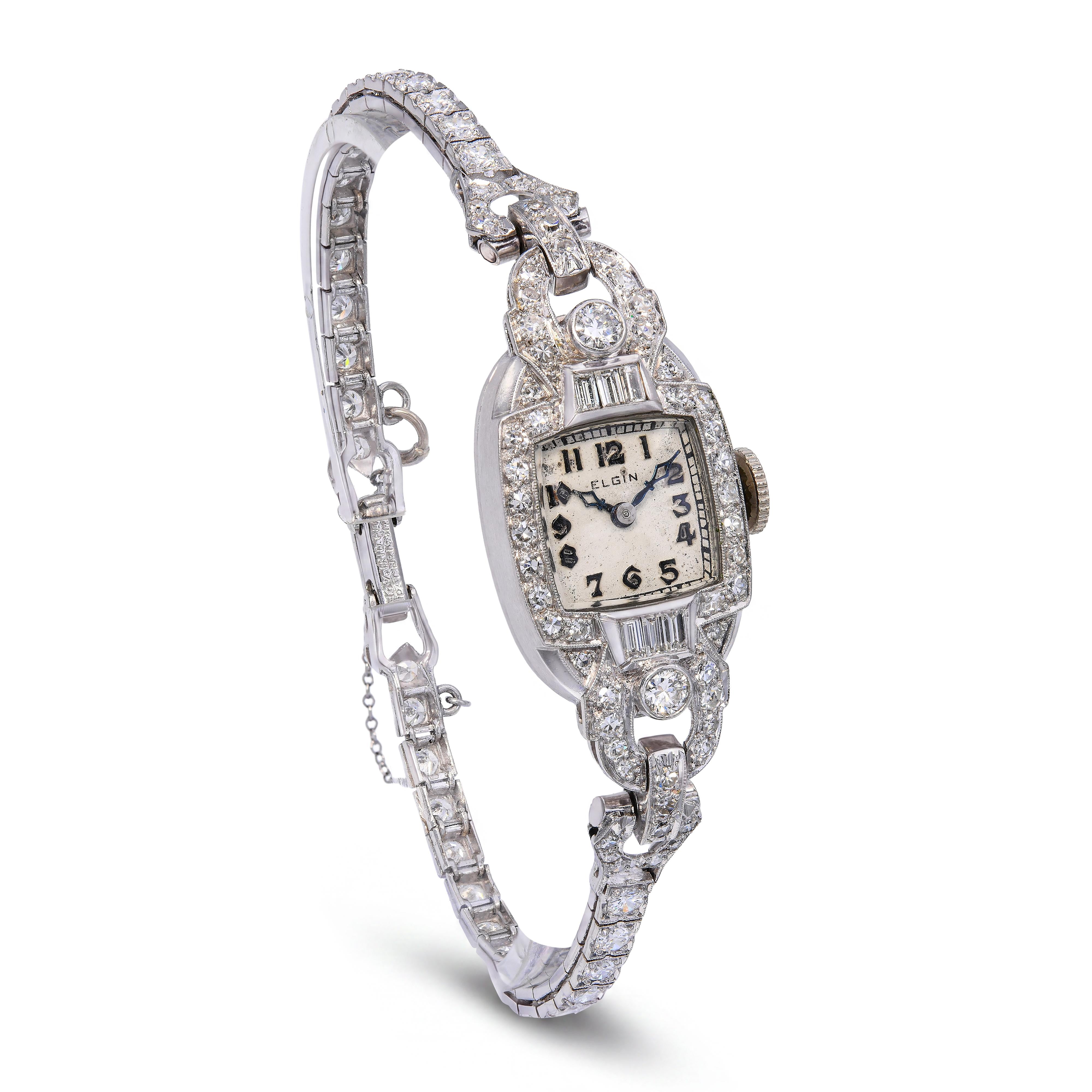 Art Deco Platinum Elgin 2.7tcw H Si1 Diamond Pave Ladies Dress Watch
