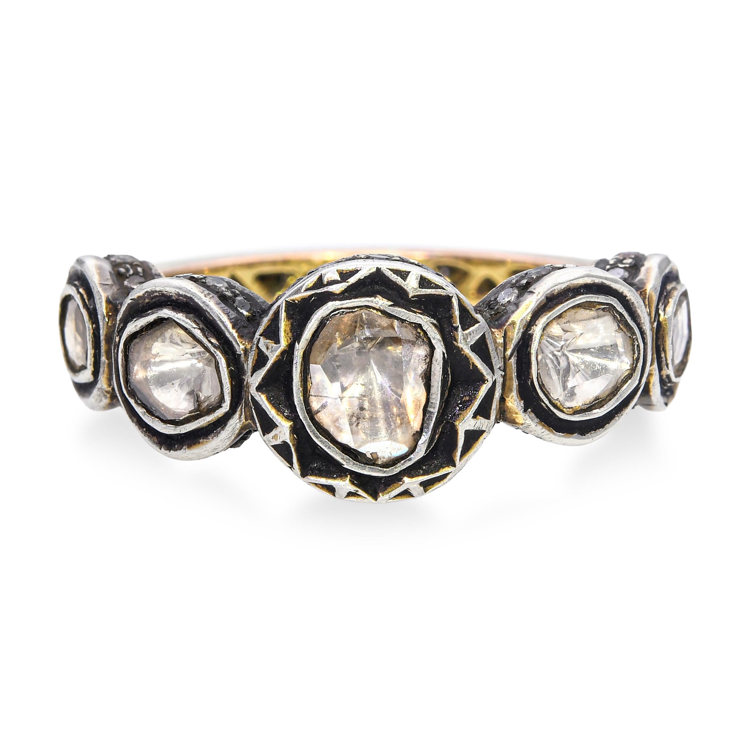 Vintage  Sterling Silver and Yellow Gold Polki Diamond Graduating Band Ring