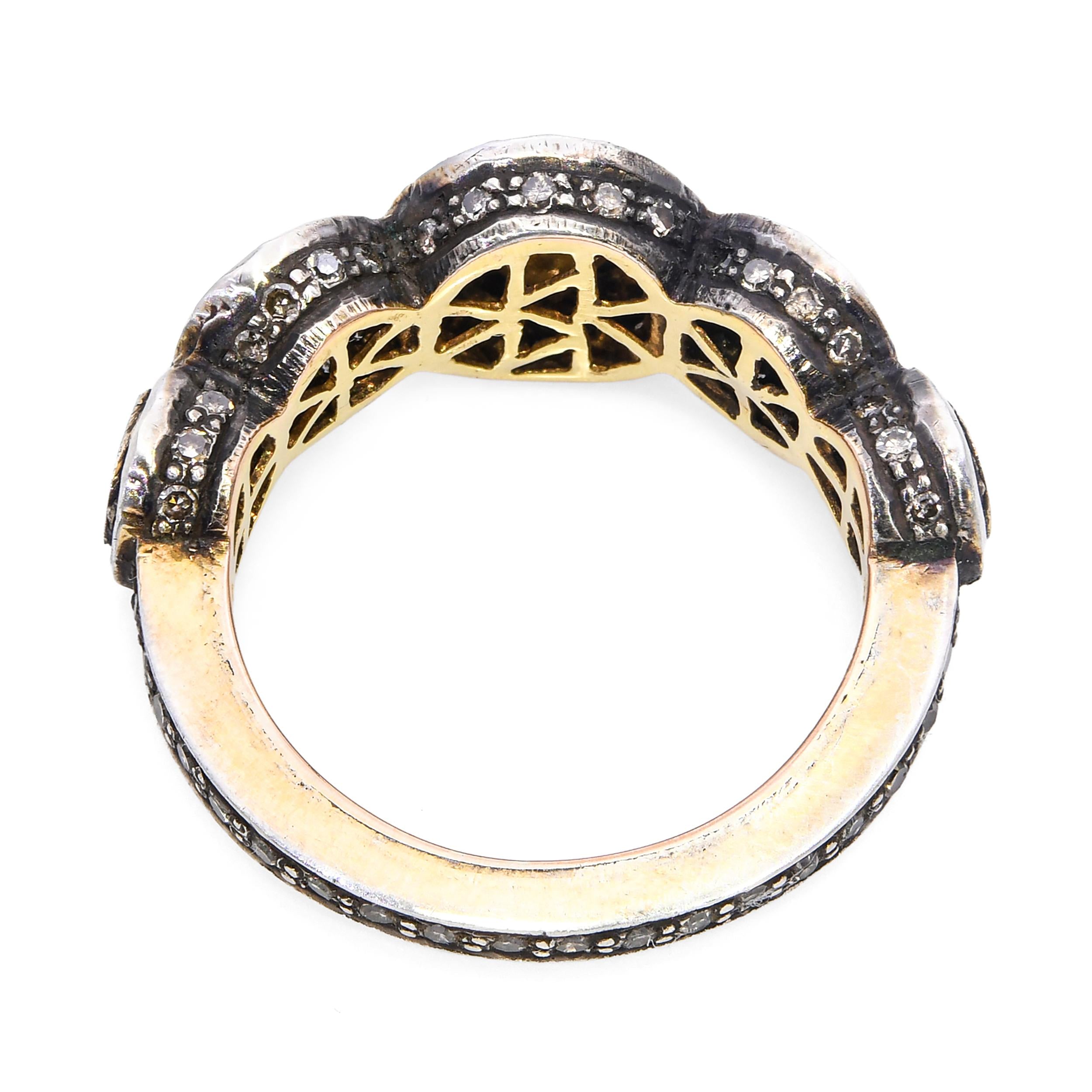 Vintage  Sterling Silver and Yellow Gold Polki Diamond Graduating Band Ring