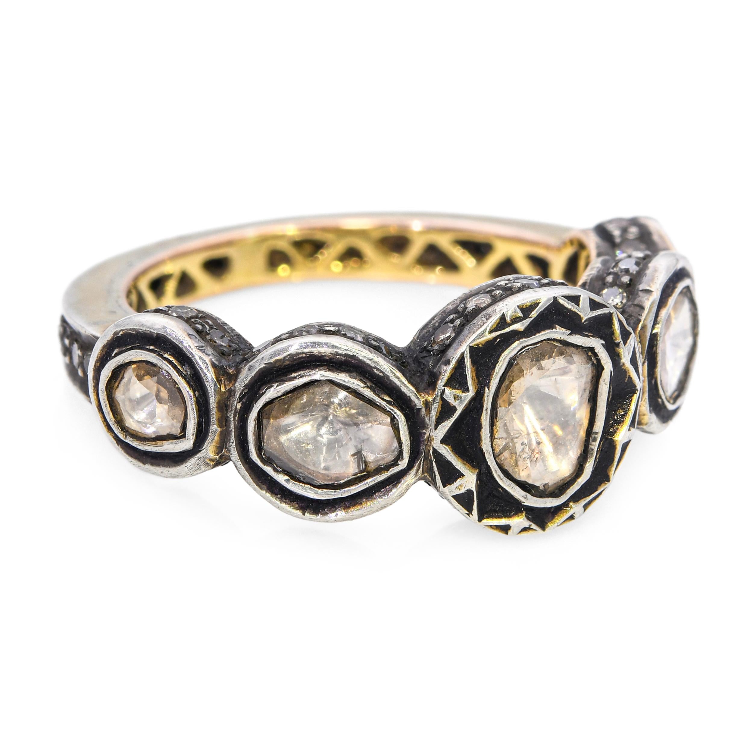 Vintage  Sterling Silver and Yellow Gold Polki Diamond Graduating Band Ring