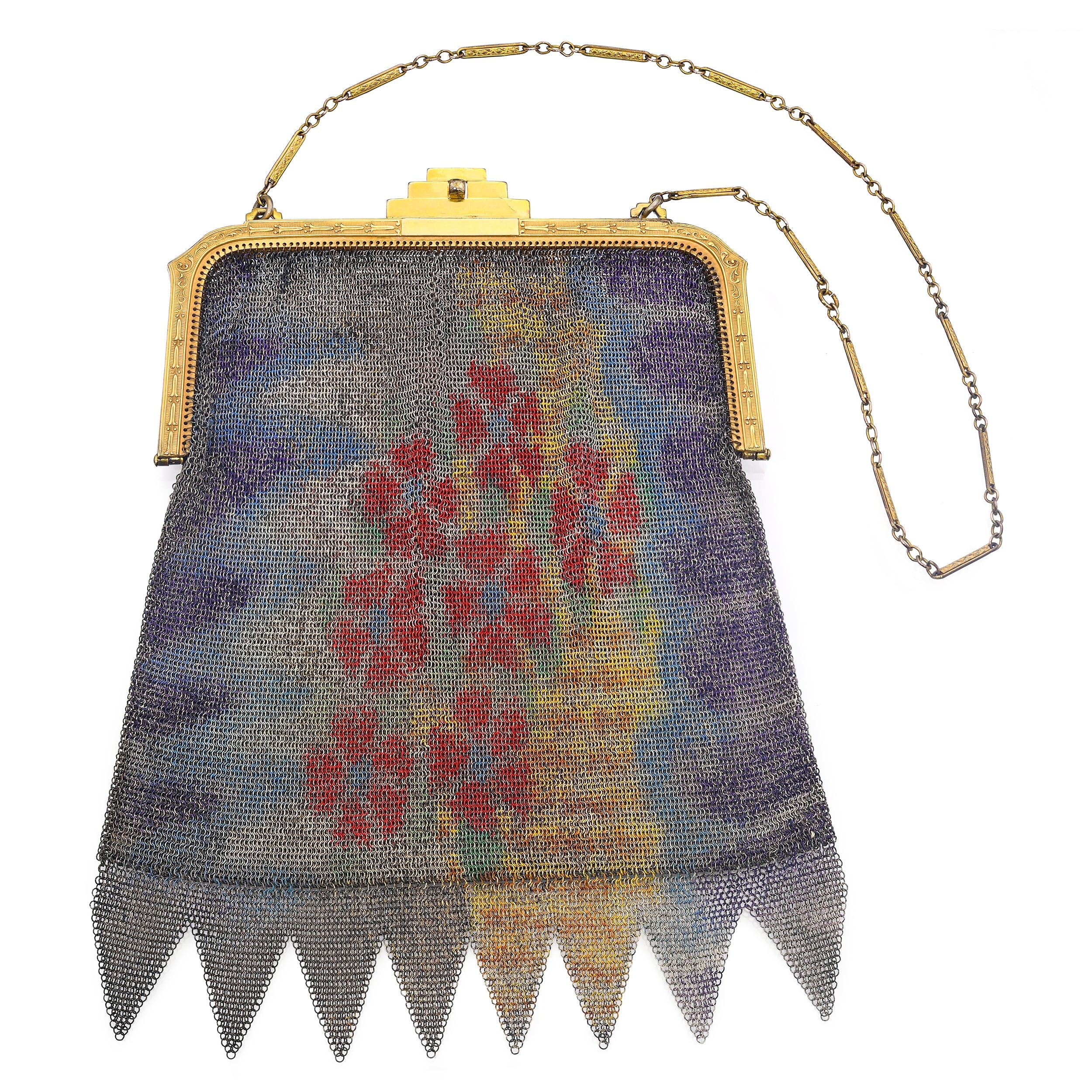 Antique Art Deco Painted Floral Bouquet Mesh Evening Bag