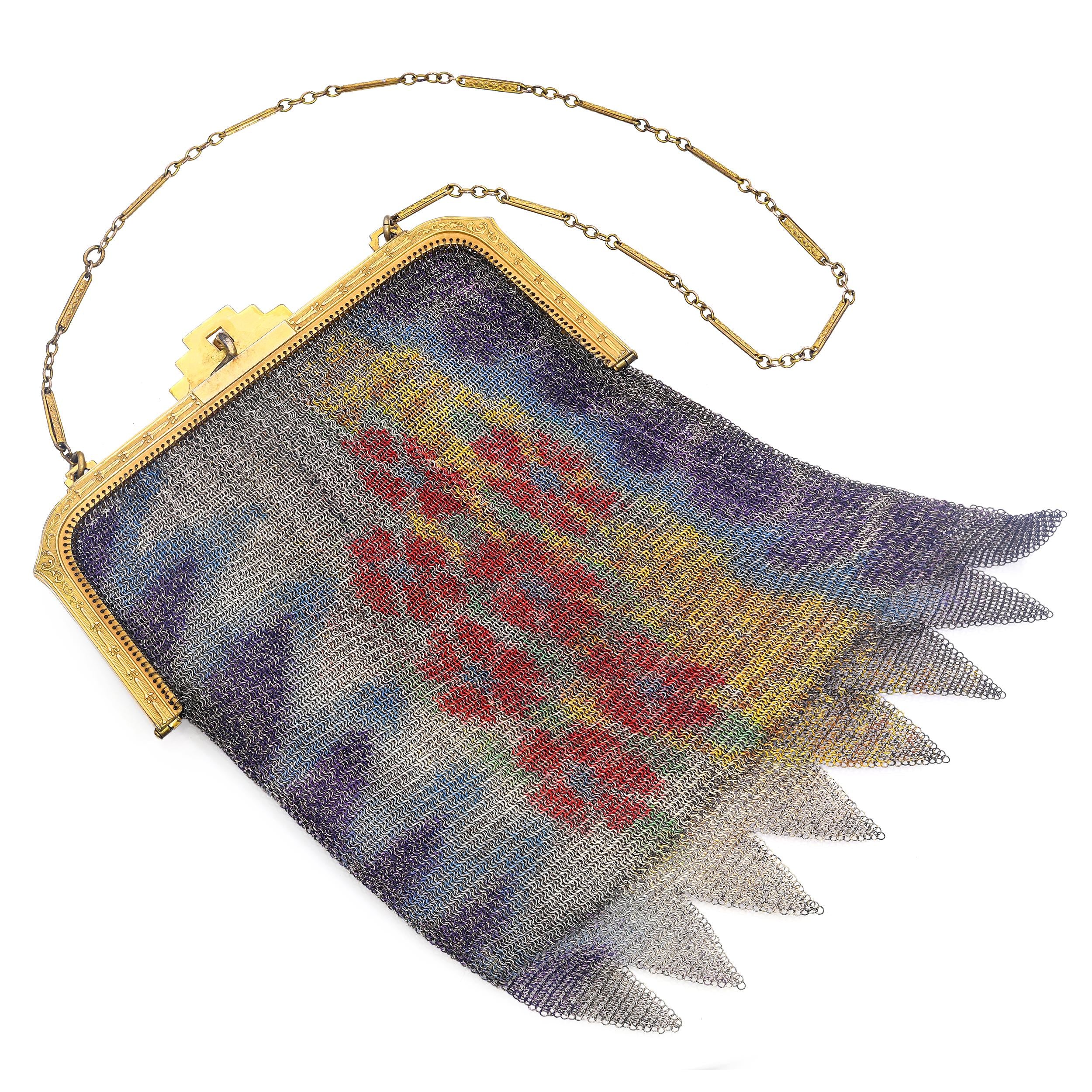 Antique Art Deco Painted Floral Bouquet Mesh Evening Bag