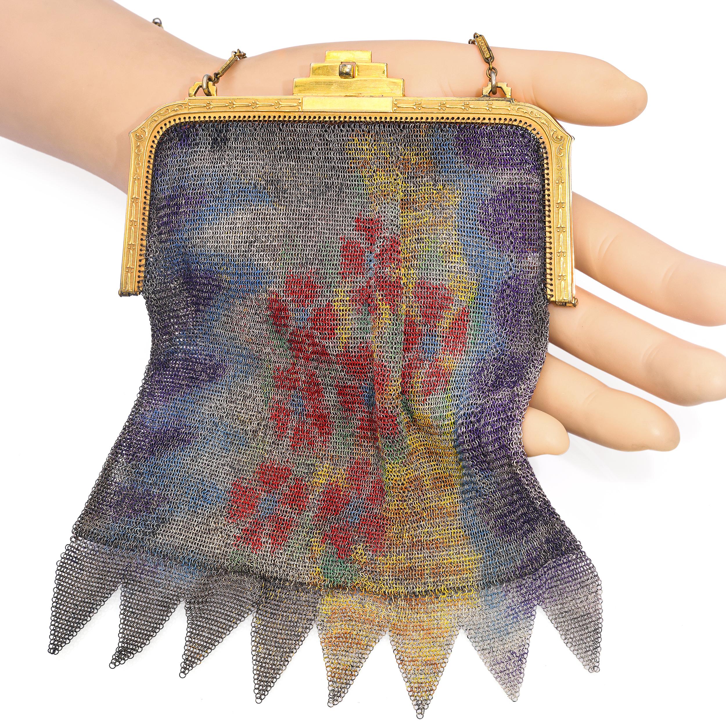 Antique Art Deco Painted Floral Bouquet Mesh Evening Bag