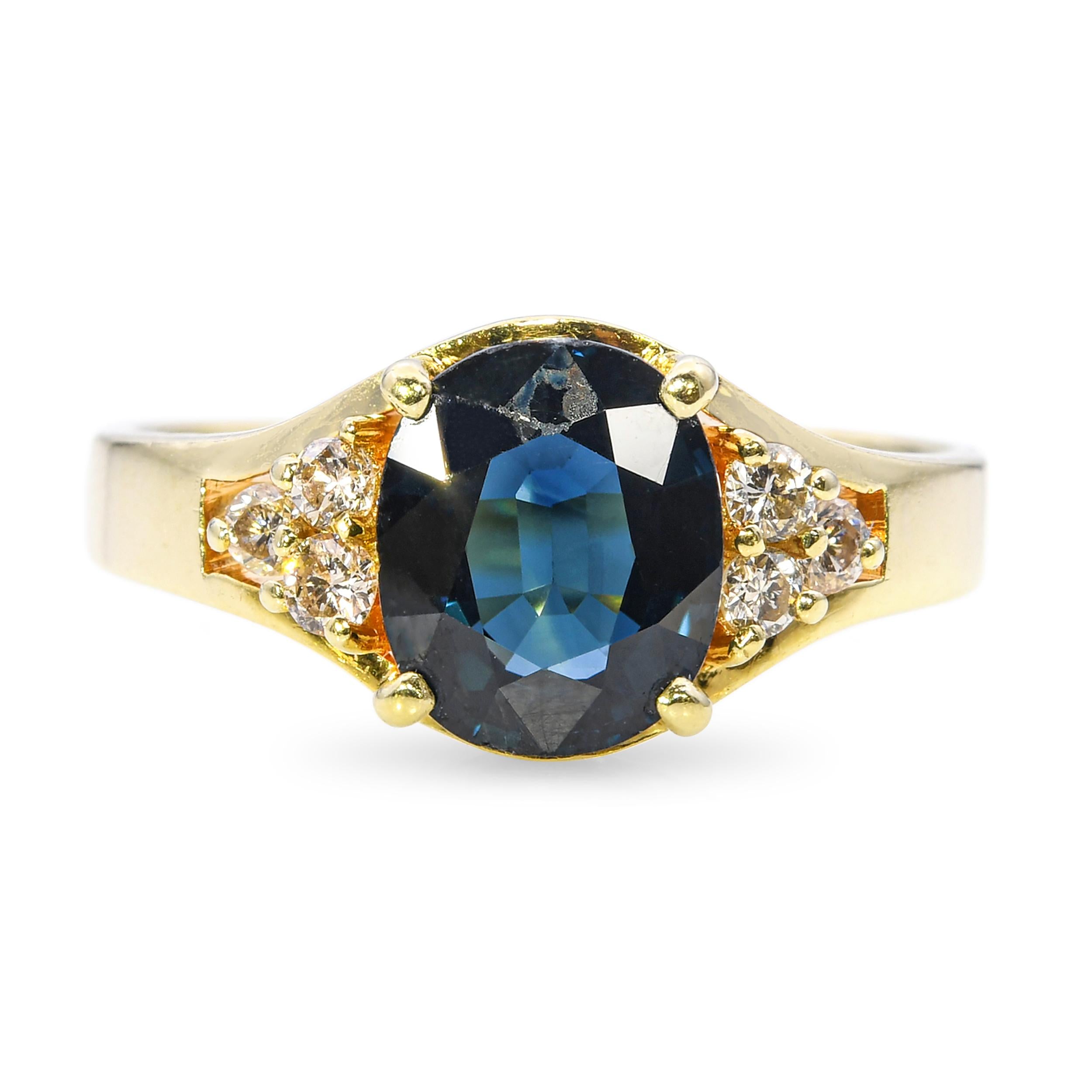 Vintage 14k Yellow Gold 1.56ct Teal Sapphire and Diamond Ring