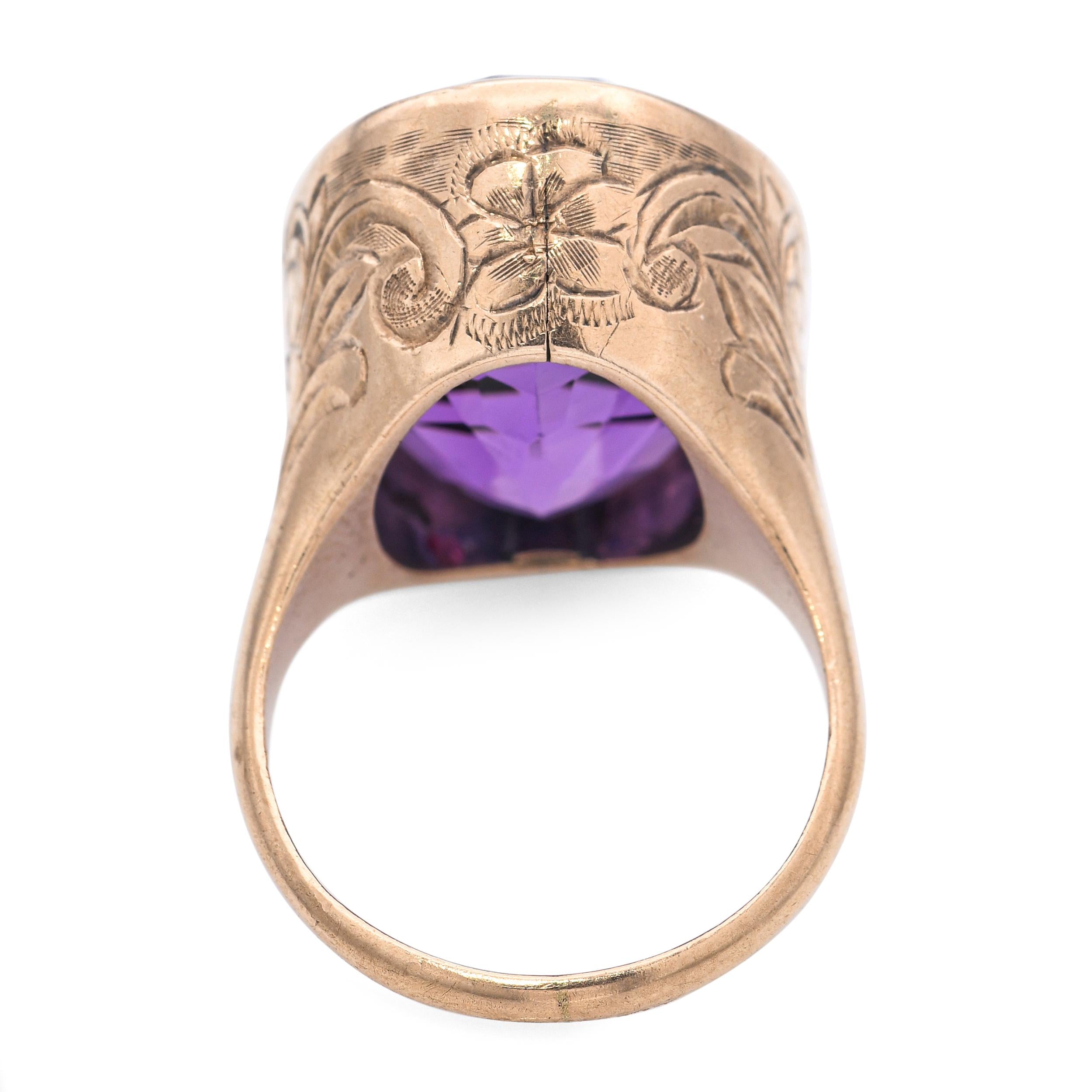 Antique Rose Gold 17ct Amethyst Floral Engraving Ring