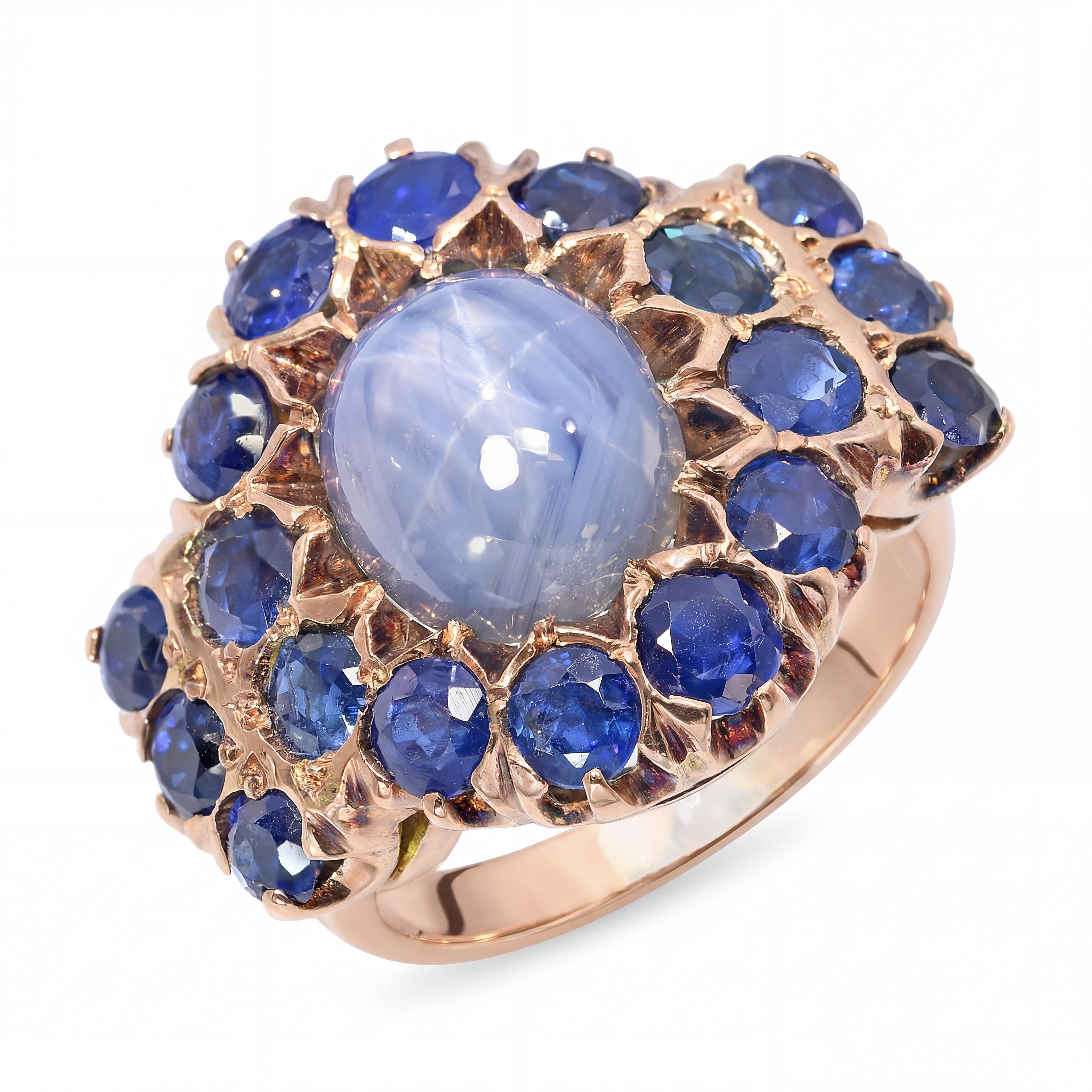 Antique 12k Rose Gold 7.34ct Star Sapphire & Blue Sapphire Statement Ring