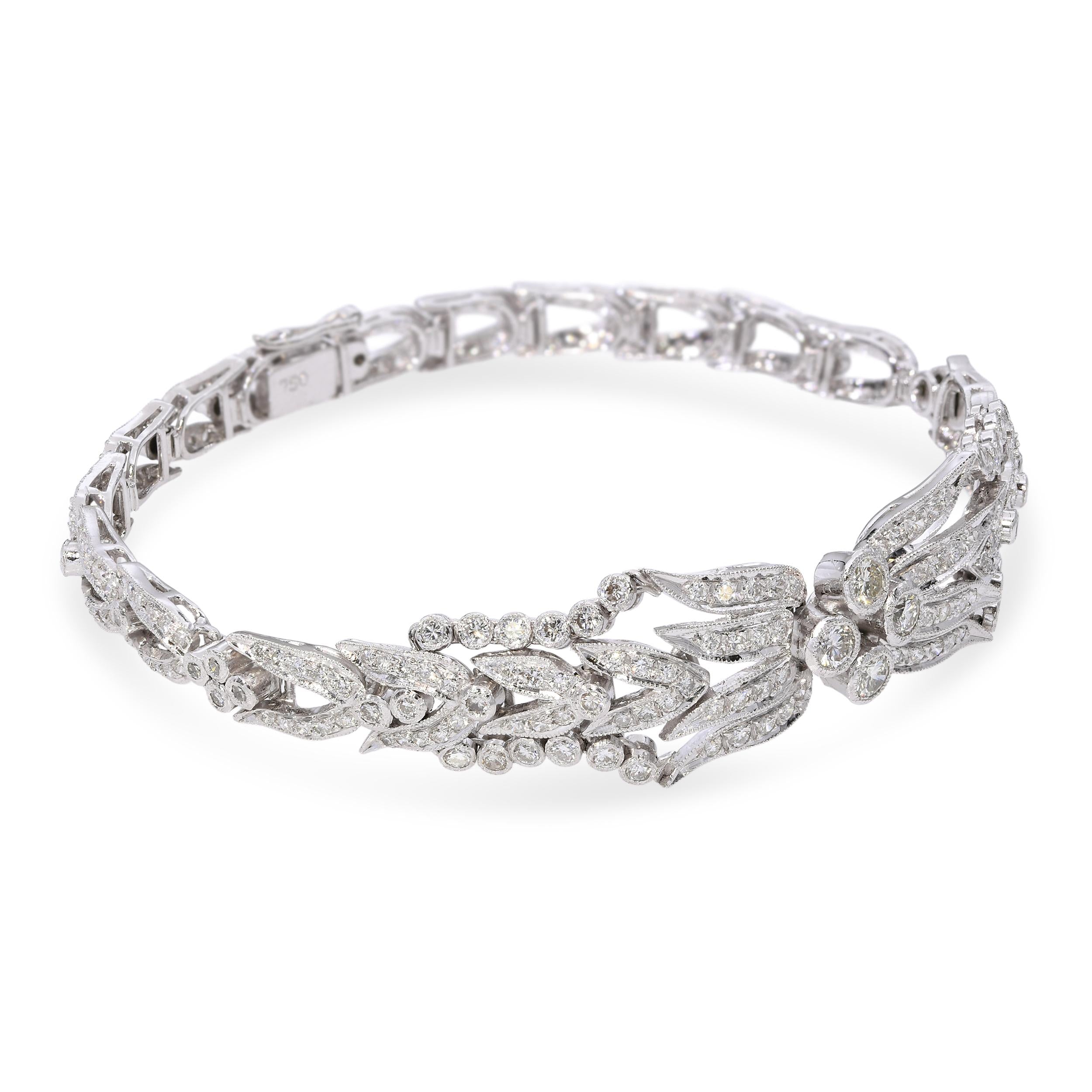 Vintage 18K White Gold 3.96tcw Diamond Filigree Bracelet