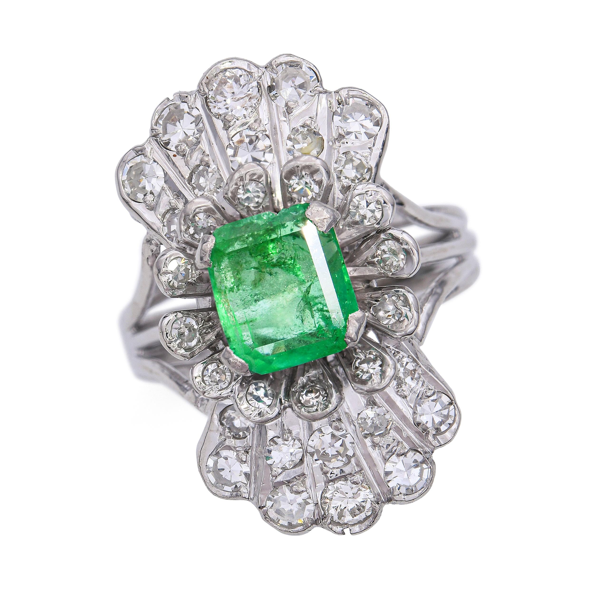 Vintage Precious Metal Alloy Emerald and Diamond Statement Ring