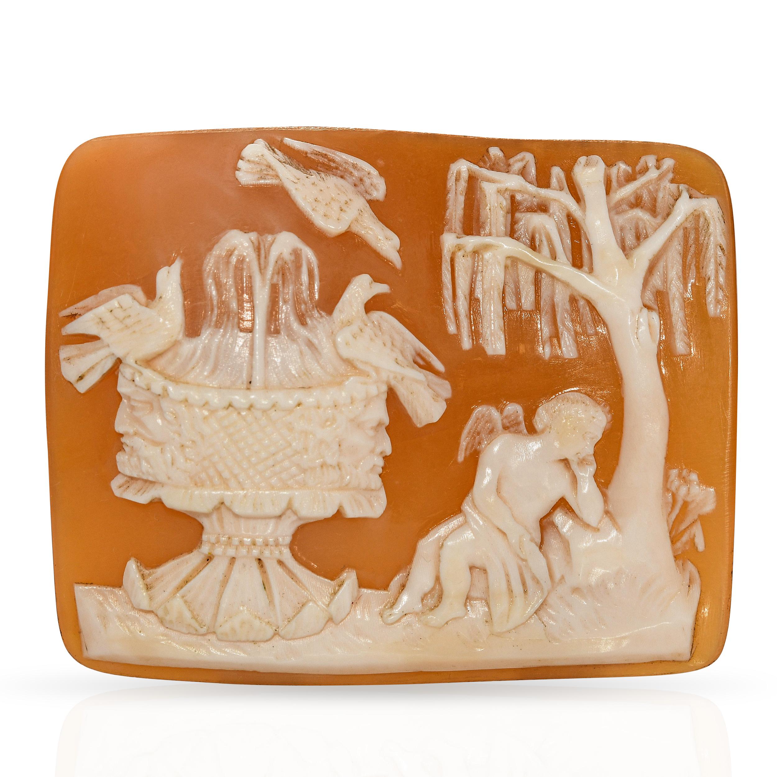 Antique Eros Resting by a Tree and Fountain Loose Shell Cameo