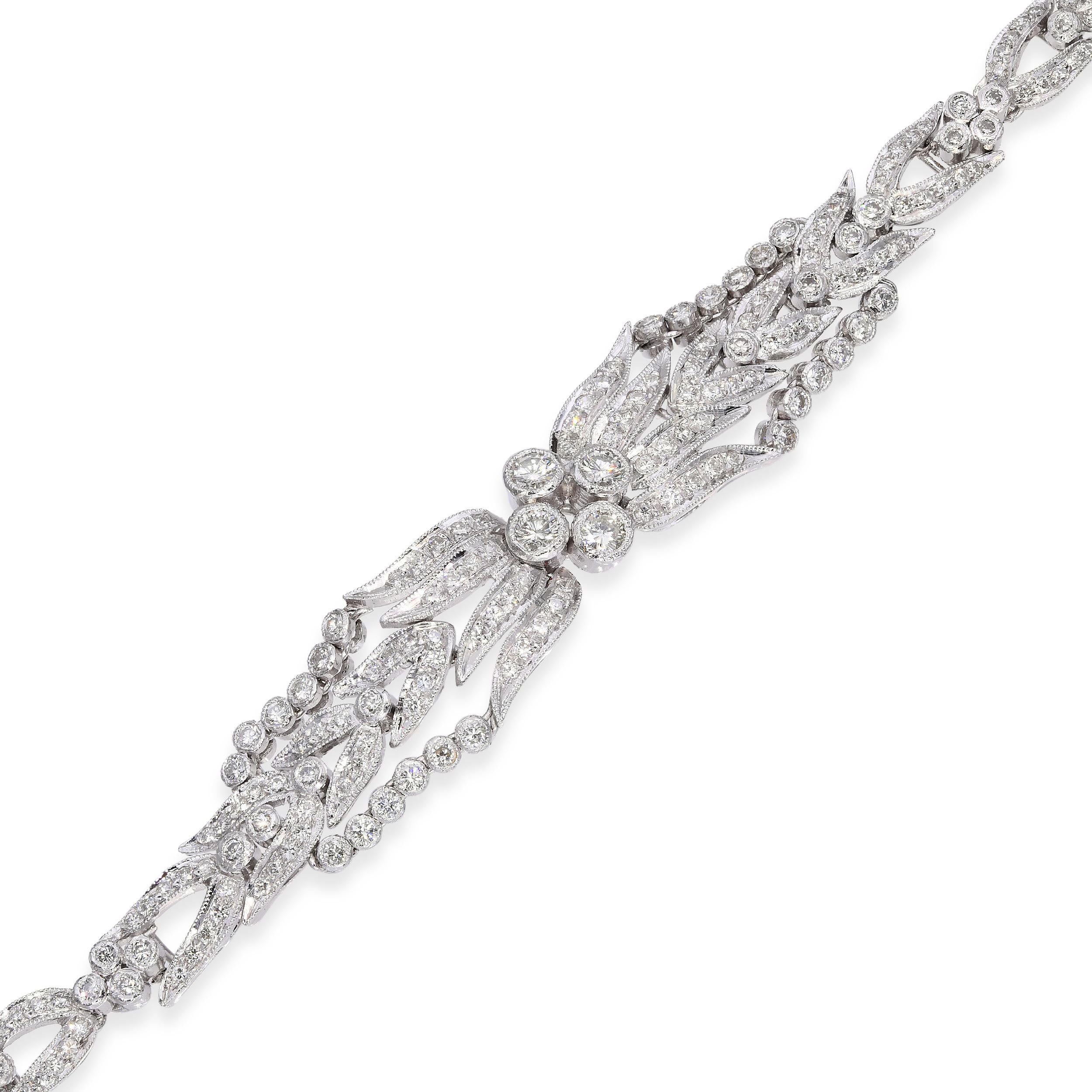 Vintage 18K White Gold 3.96tcw Diamond Filigree Bracelet