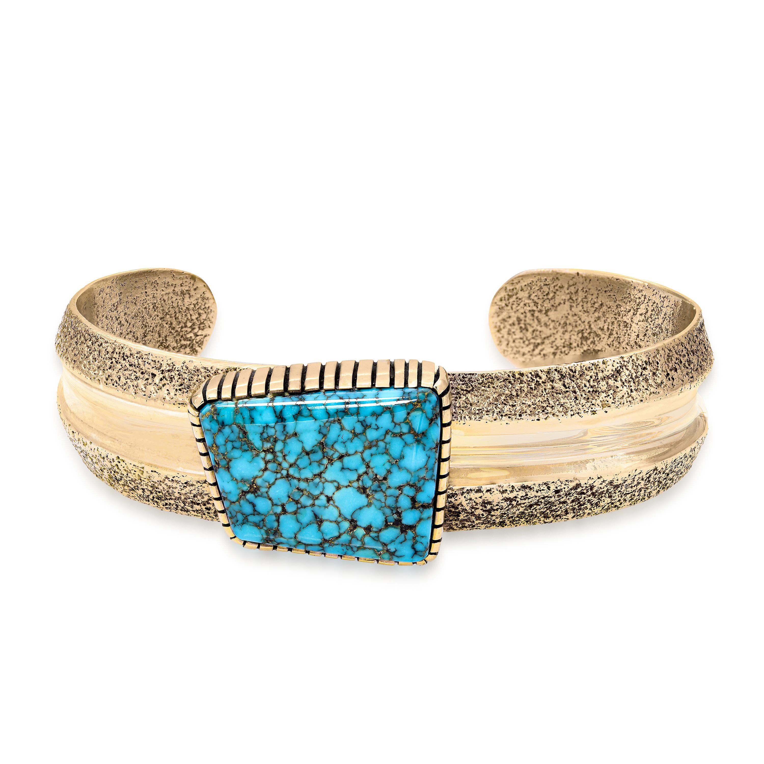 Vintage 14k Yellow Gold Bradley Gashwazra Red Mountain Spiderweb Turquoise Cuff