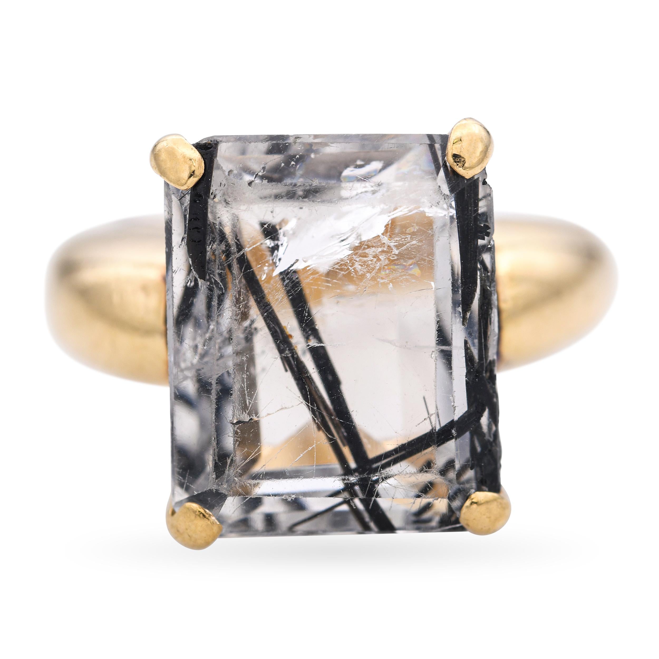 Vintage 14k Yellow Gold Sagenite Schorl in Quartz Ring