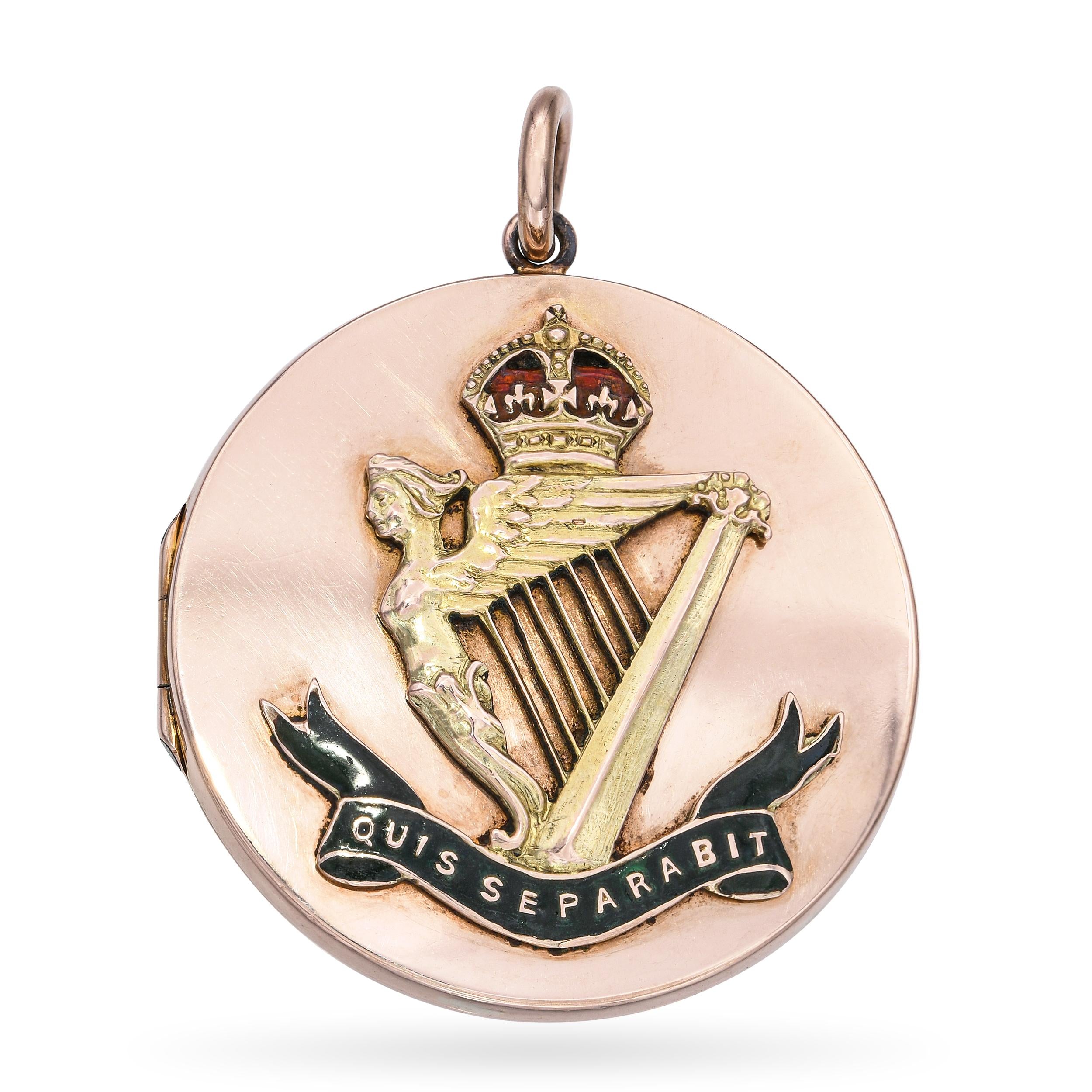 Antique 9k Gold Irish Harp Enamel Quis Separabit Crest Locket Pendant
