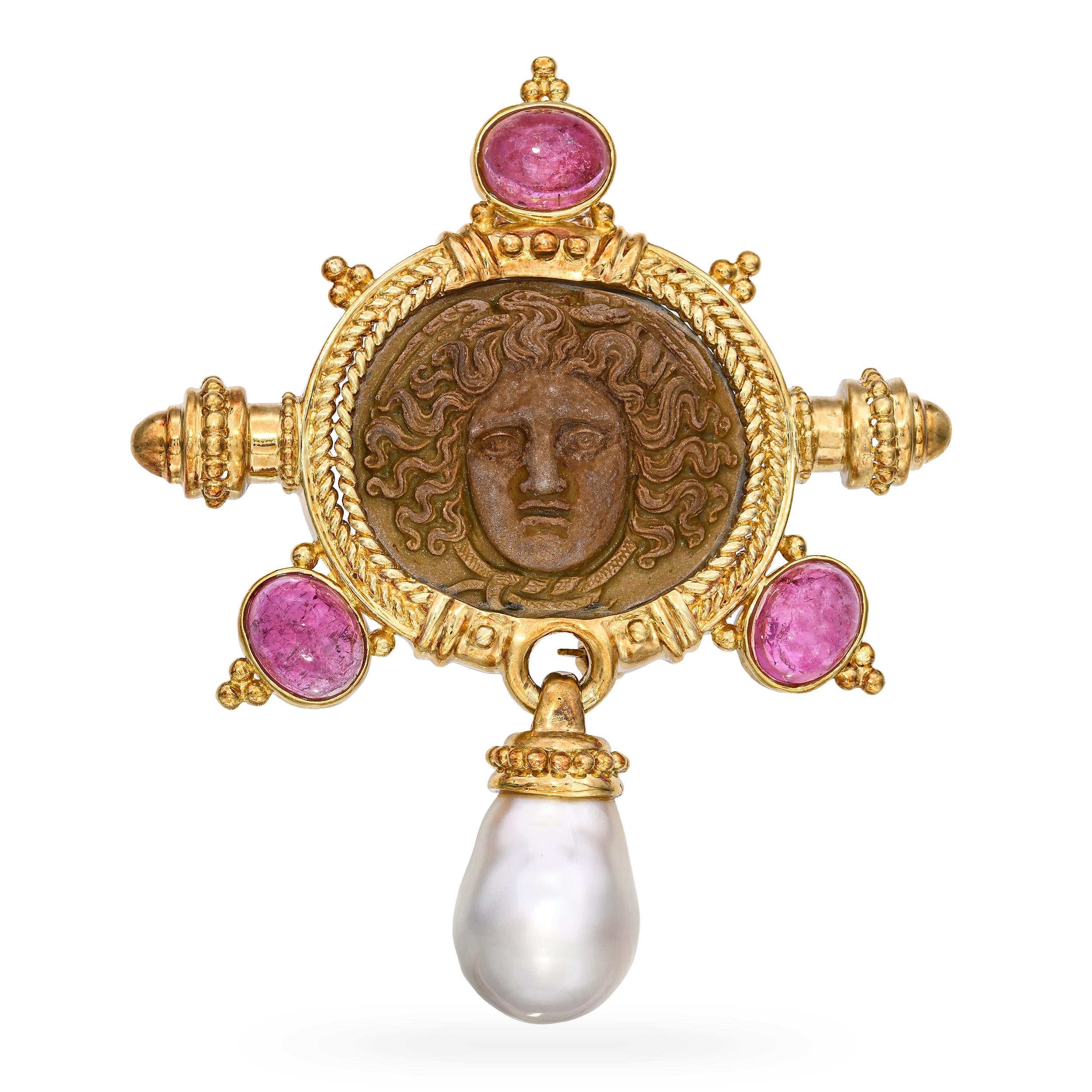 Vintage 18k Yellow Gold Lava Cameo Rubellite and Pearl Pendant Brooch