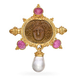 Vintage 18k Yellow Gold Lava Cameo Rubellite and Pearl Pendant Brooch