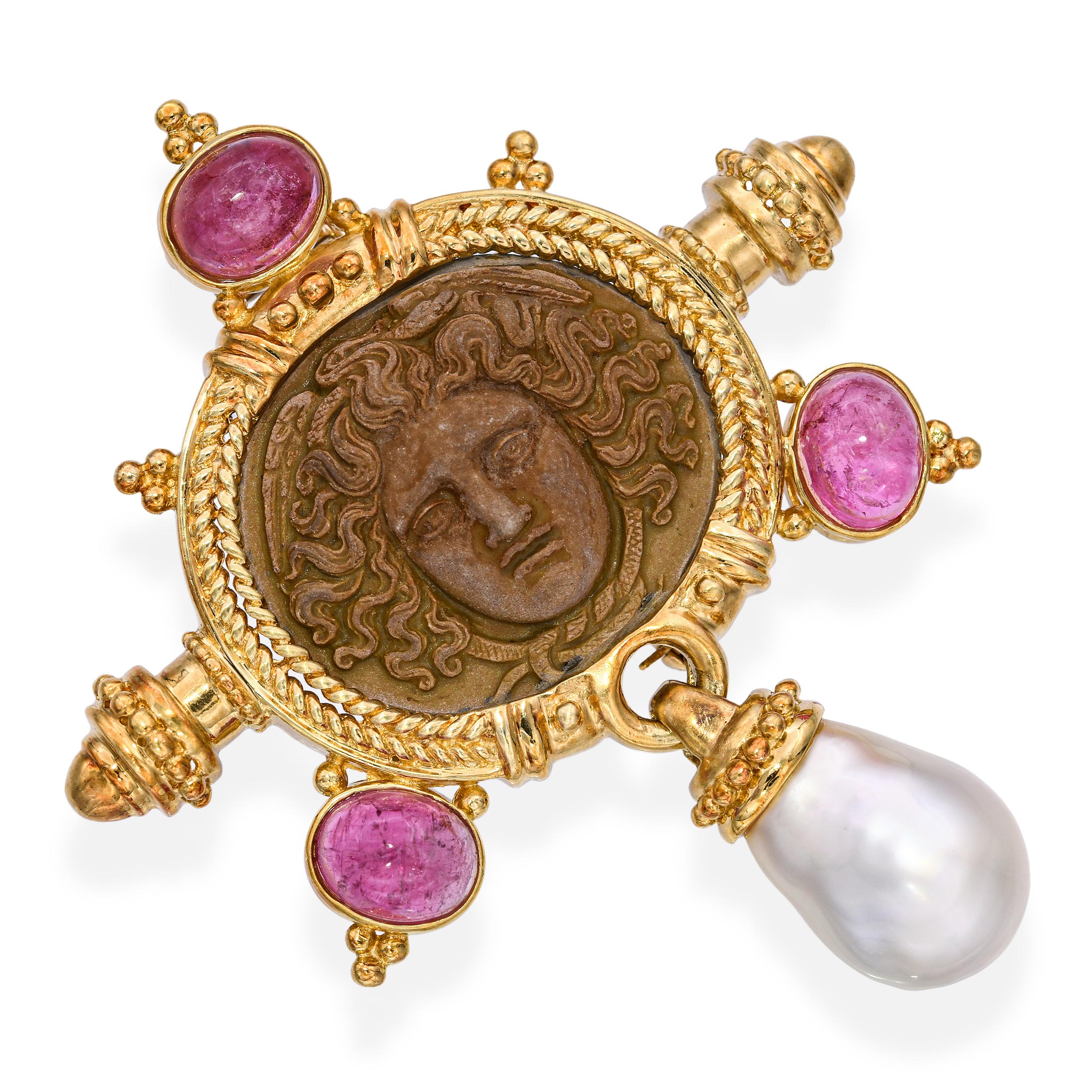 Vintage 18k Yellow Gold Lava Cameo Rubellite and Pearl Pendant Brooch