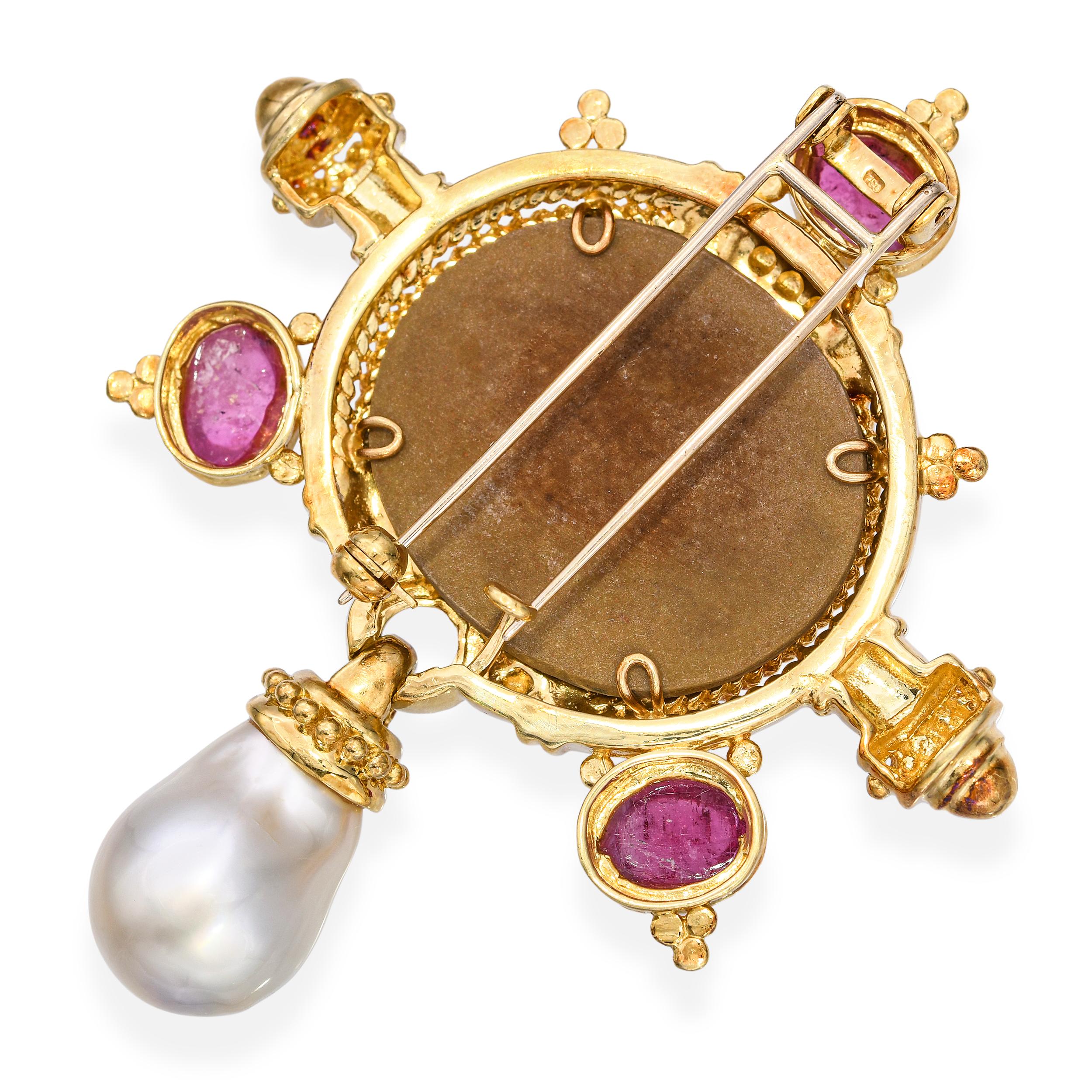 Vintage 18k Yellow Gold Lava Cameo Rubellite and Pearl Pendant Brooch
