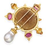 Vintage 18k Yellow Gold Lava Cameo Rubellite and Pearl Pendant Brooch