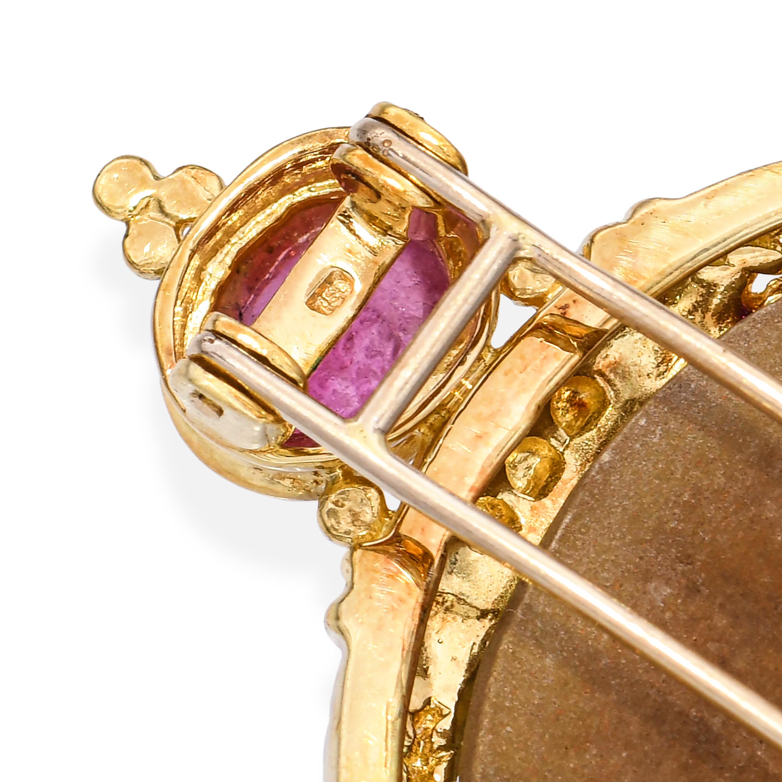 Vintage 18k Yellow Gold Lava Cameo Rubellite and Pearl Pendant Brooch