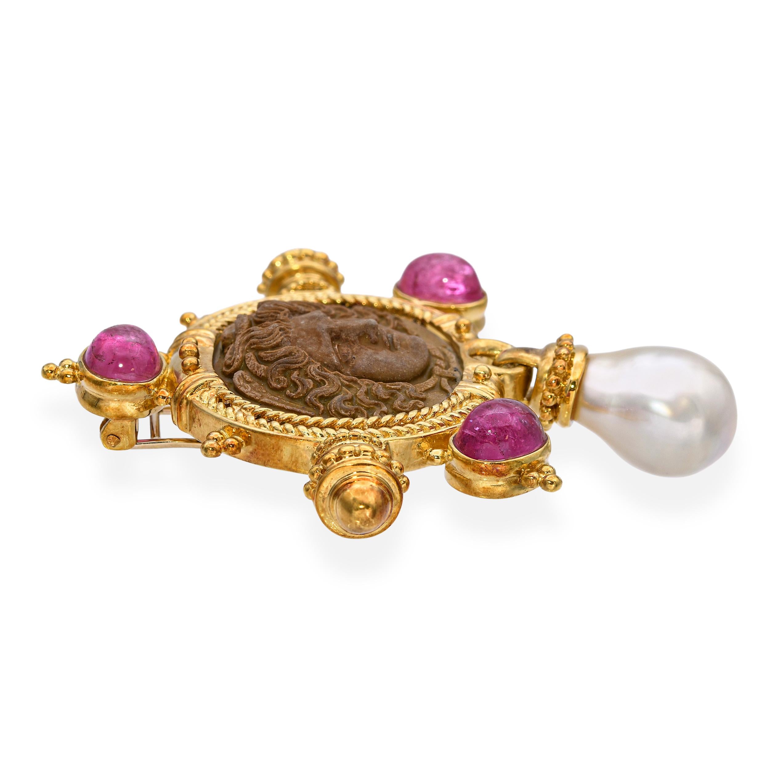 Vintage 18k Yellow Gold Lava Cameo Rubellite and Pearl Pendant Brooch