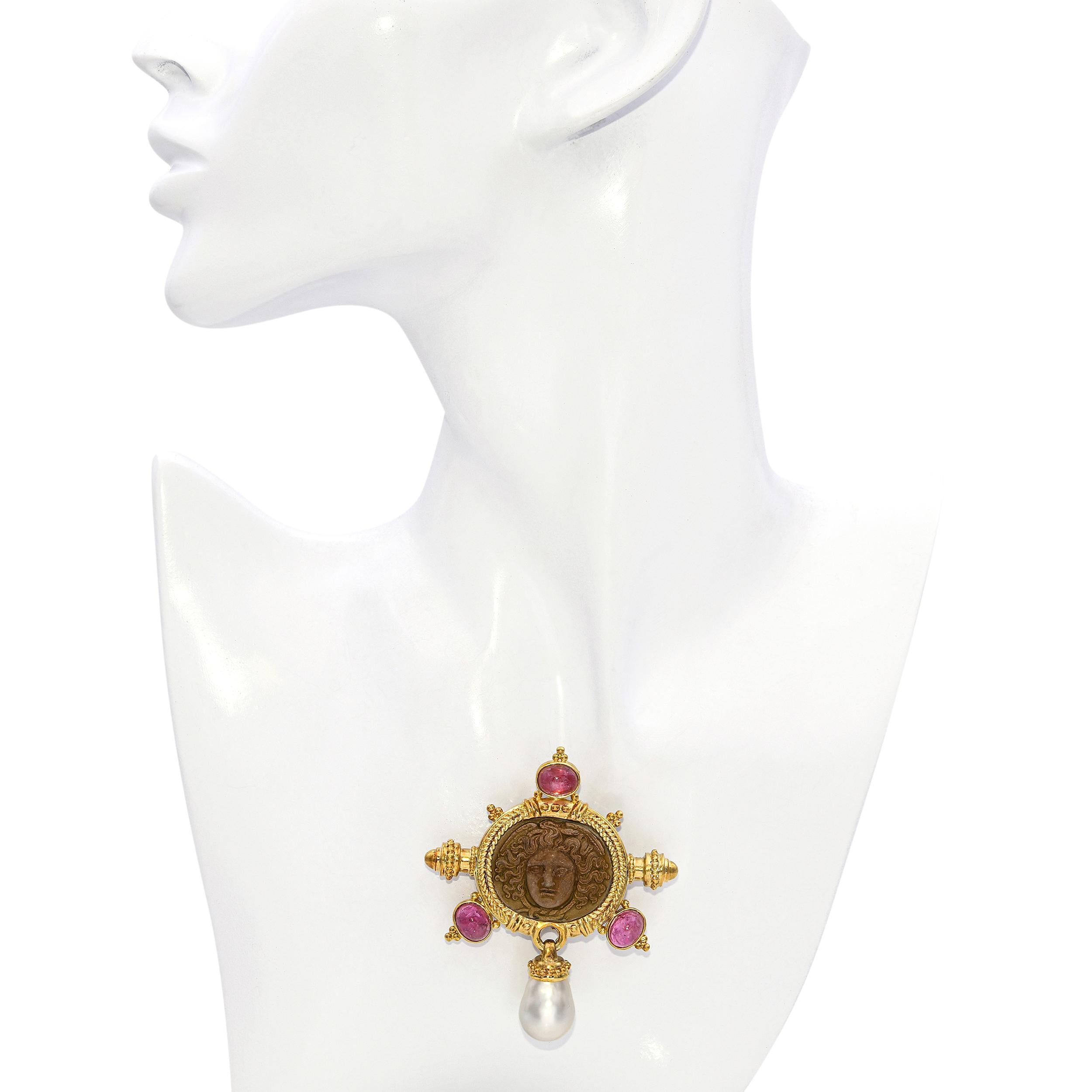 Vintage 18k Yellow Gold Lava Cameo Rubellite and Pearl Pendant Brooch