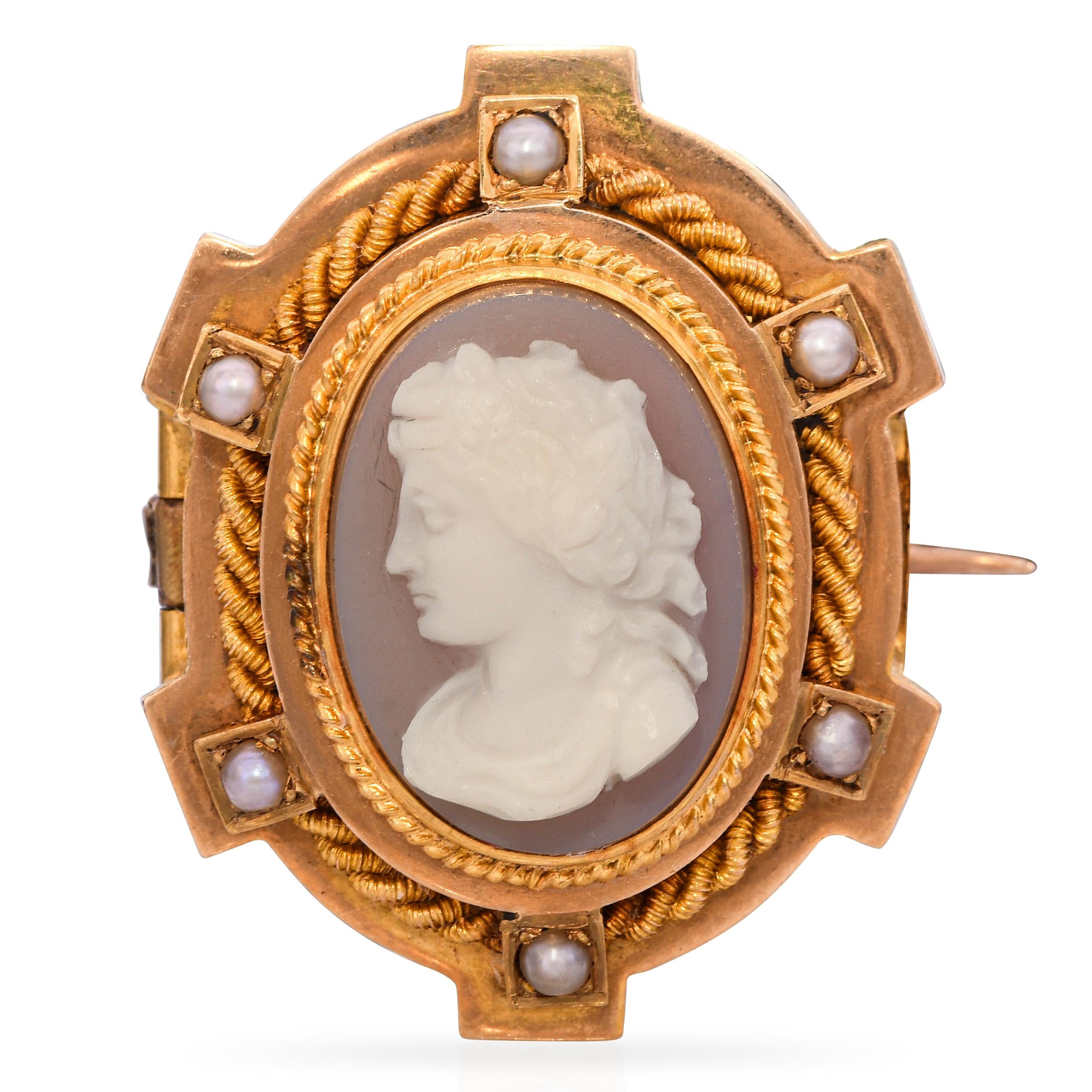 Antique 22K Gold Hardstone Cameo Seed Pearls Muse Erato Brooch Pin