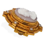 Antique 22K Gold Hardstone Cameo Seed Pearls Muse Erato Brooch Pin