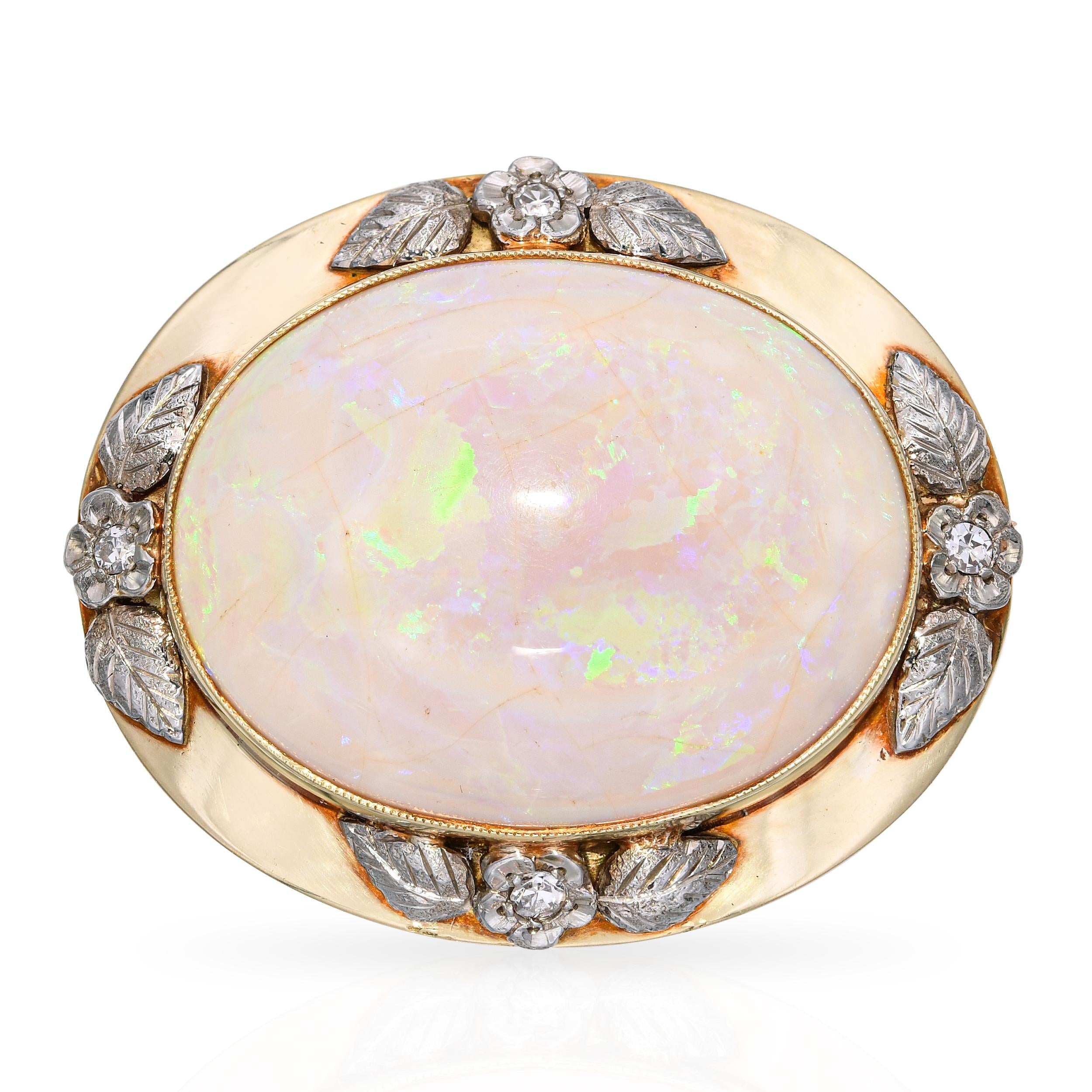 Antique Arts and Crafts 14k Yellow Gold and Silver Opal Diamond Floral Brooch
