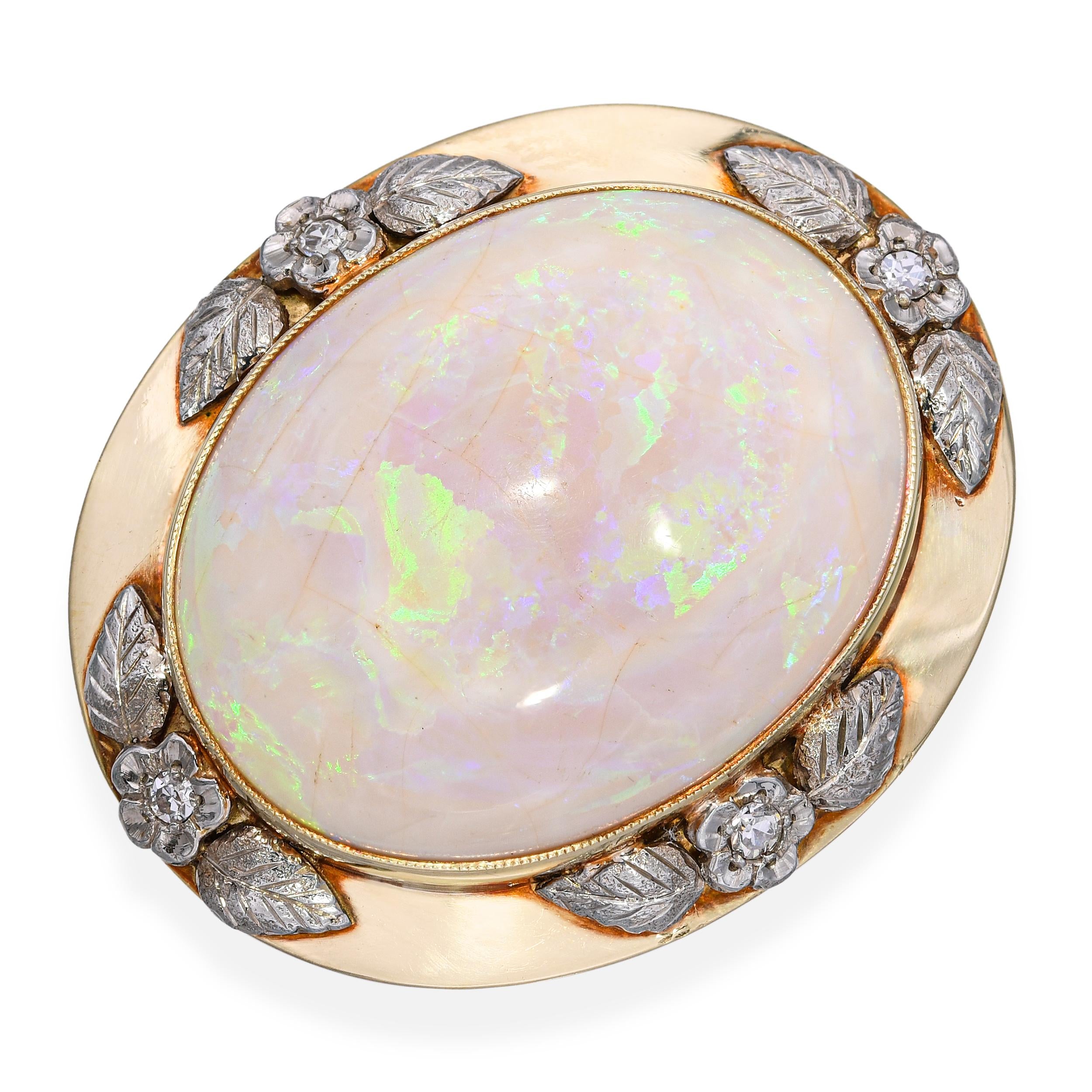 Antique Arts and Crafts 14k Yellow Gold and Silver Opal Diamond Floral Brooch