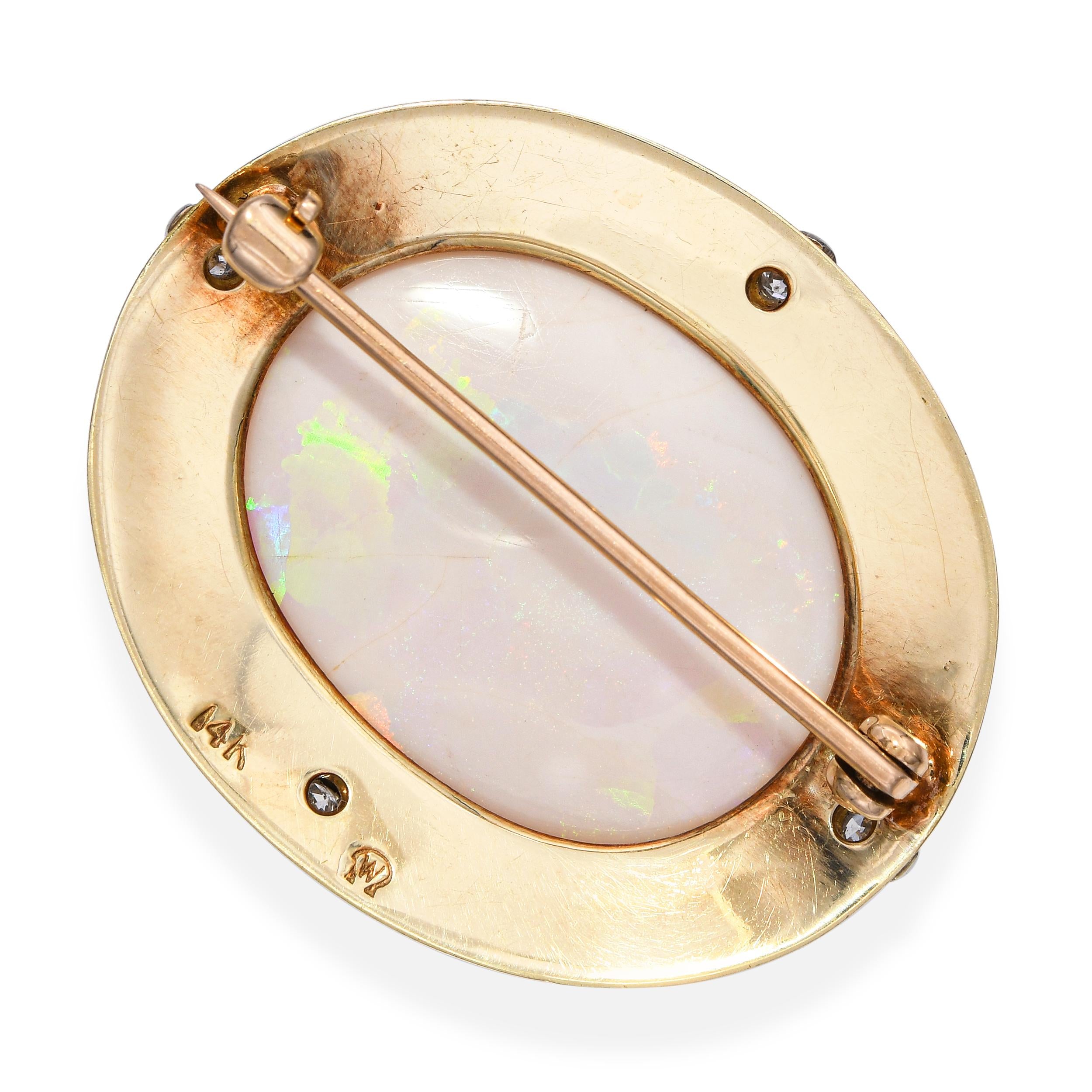 Antique Arts and Crafts 14k Yellow Gold and Silver Opal Diamond Floral Brooch