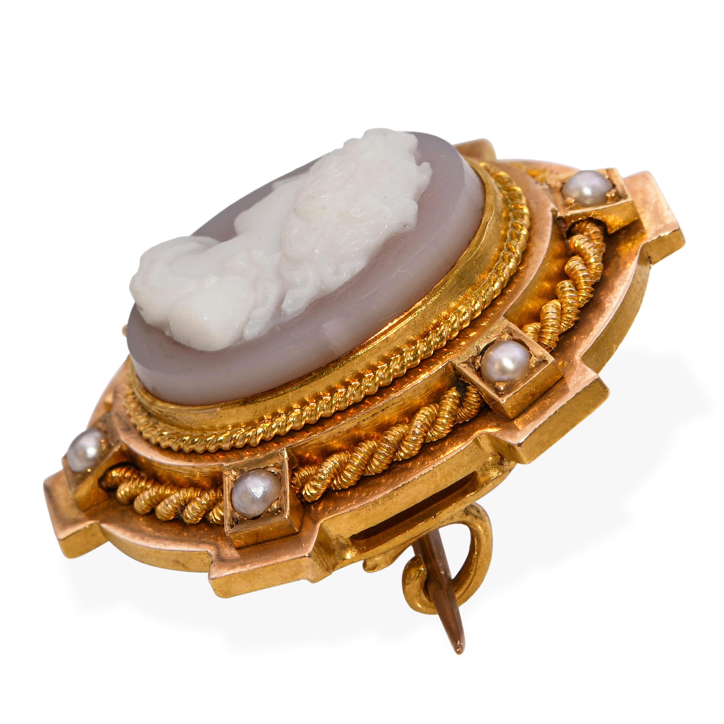 Antique 22K Gold Hardstone Cameo Seed Pearls Muse Erato Brooch Pin