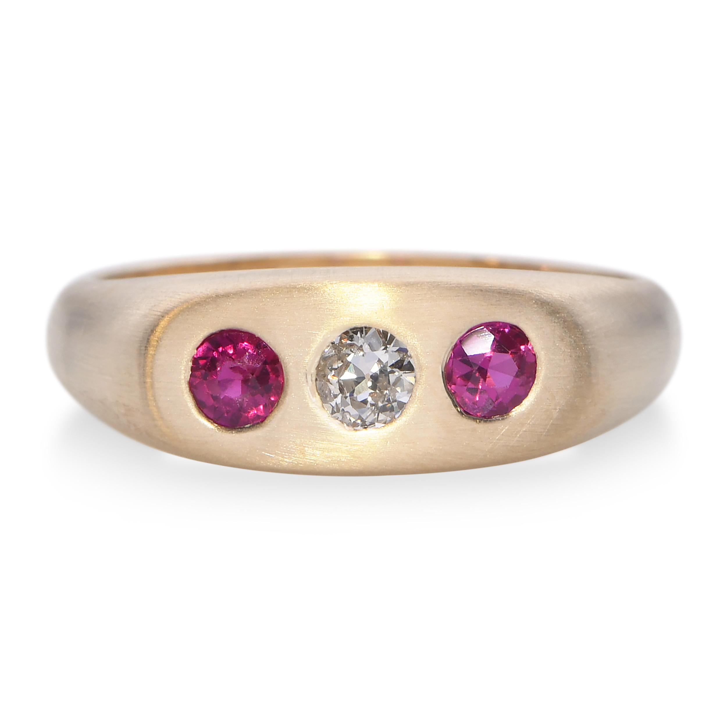 Antique 14k Satin Yellow Gold Three Stone Diamond and Ruby Ring