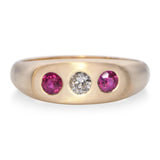 Antique 14k Satin Yellow Gold Three Stone Diamond and Ruby Ring