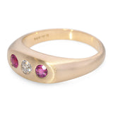 Antique 14k Satin Yellow Gold Three Stone Diamond and Ruby Ring