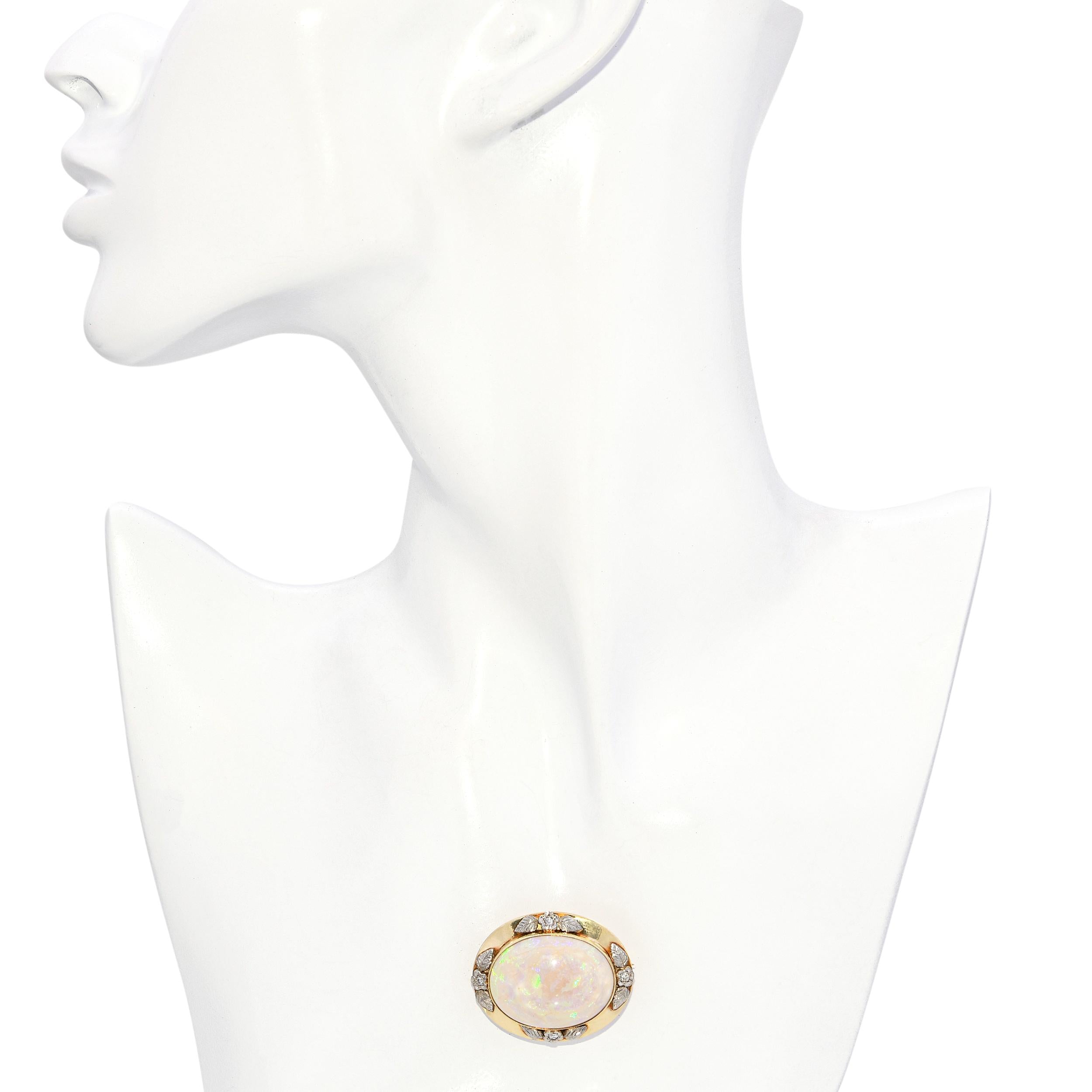 Antique Arts and Crafts 14k Yellow Gold and Silver Opal Diamond Floral Brooch