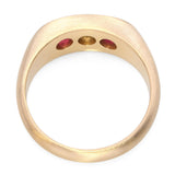 Antique 14k Satin Yellow Gold Three Stone Diamond and Ruby Ring