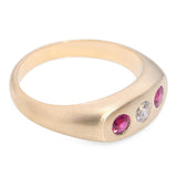 Antique 14k Satin Yellow Gold Three Stone Diamond and Ruby Ring