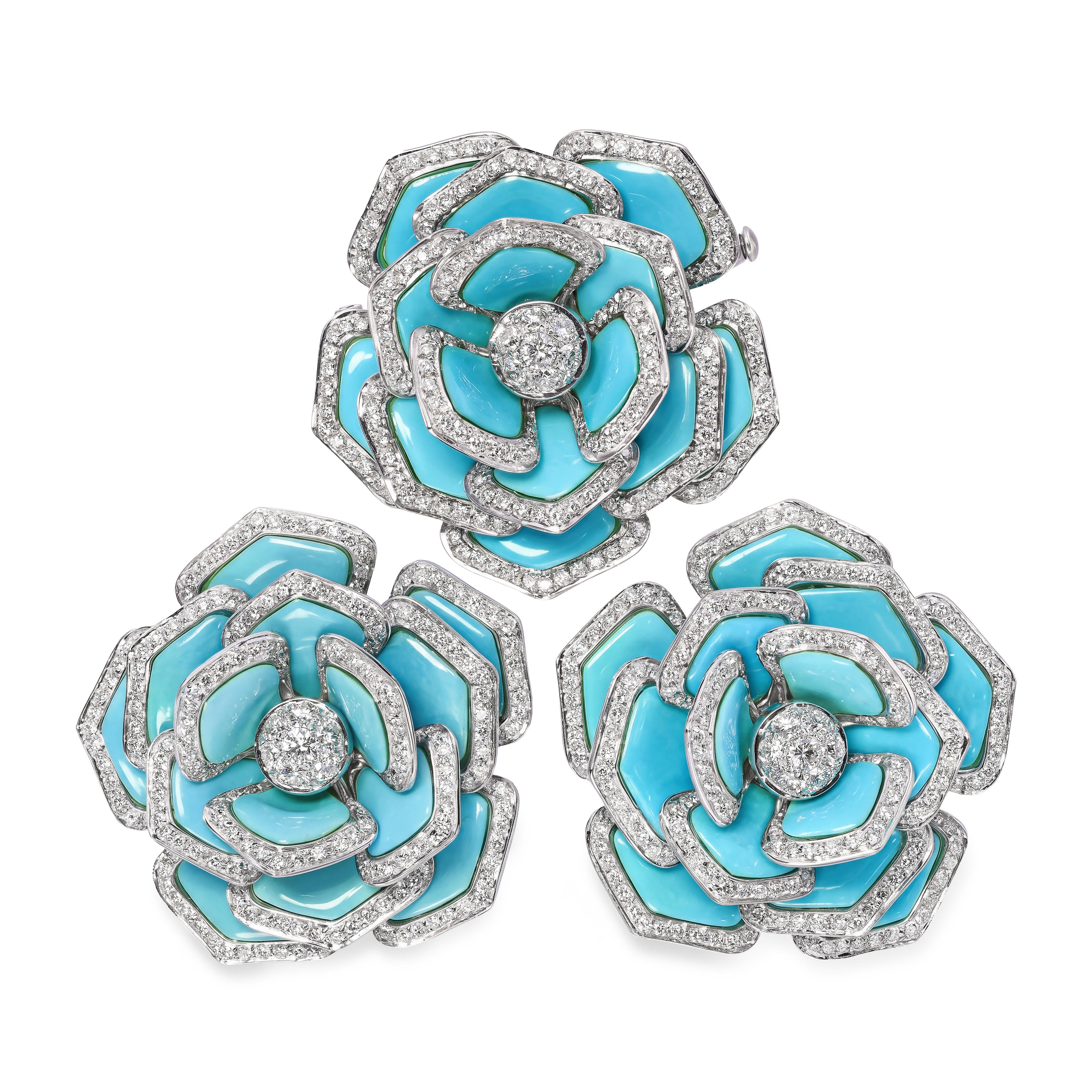 18k White Gold Carved Turquoise and 9.24tcw Diamond Flower Earring & Brooch Set