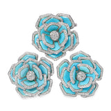18k White Gold Carved Turquoise and 9.24tcw Diamond Flower Earring & Brooch Set