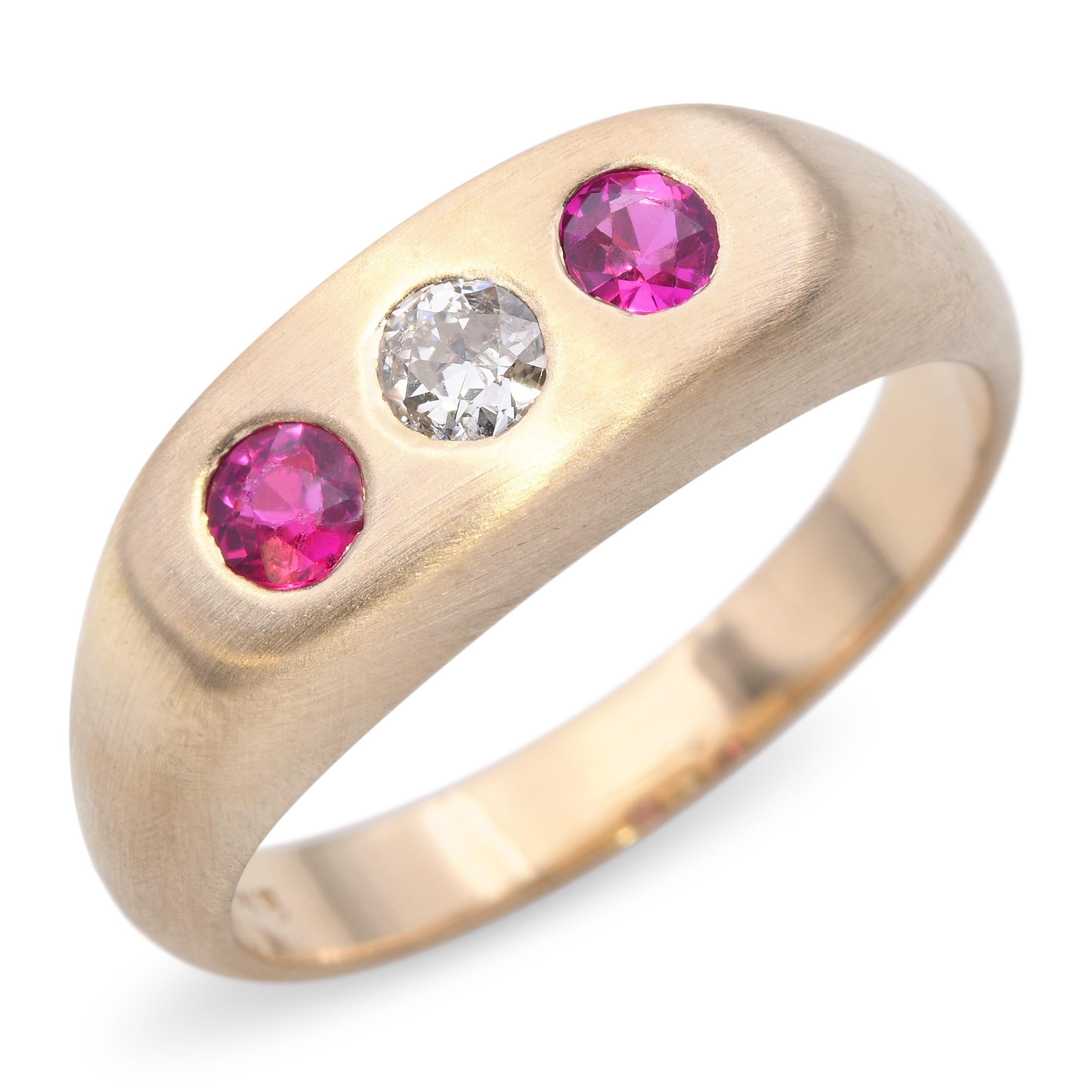 Antique 14k Satin Yellow Gold Three Stone Diamond and Ruby Ring