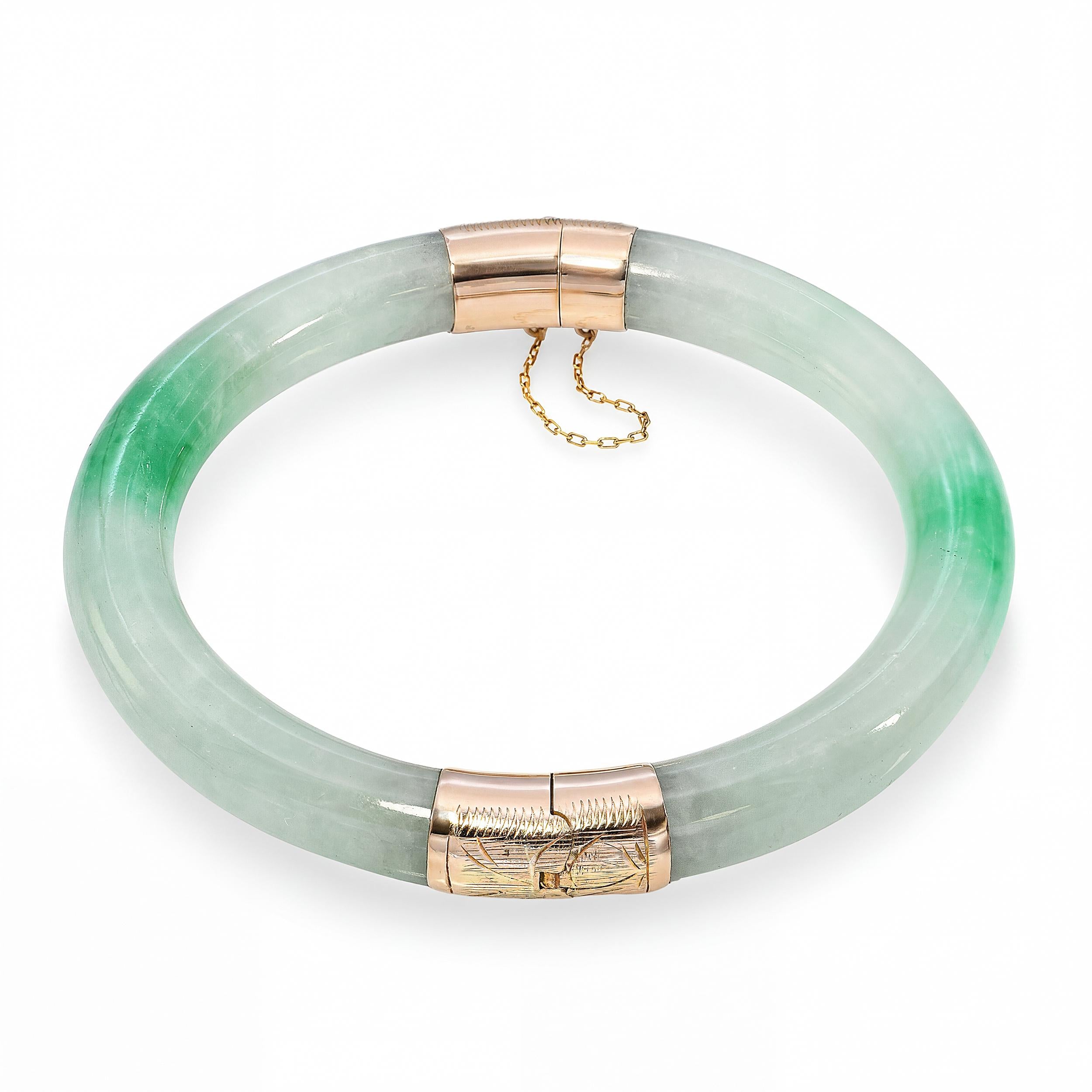Vintage 14k Yellow Gold Jade Hinged Bangle Bracelet