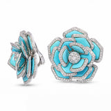 18k White Gold Carved Turquoise and 9.24tcw Diamond Flower Earring & Brooch Set