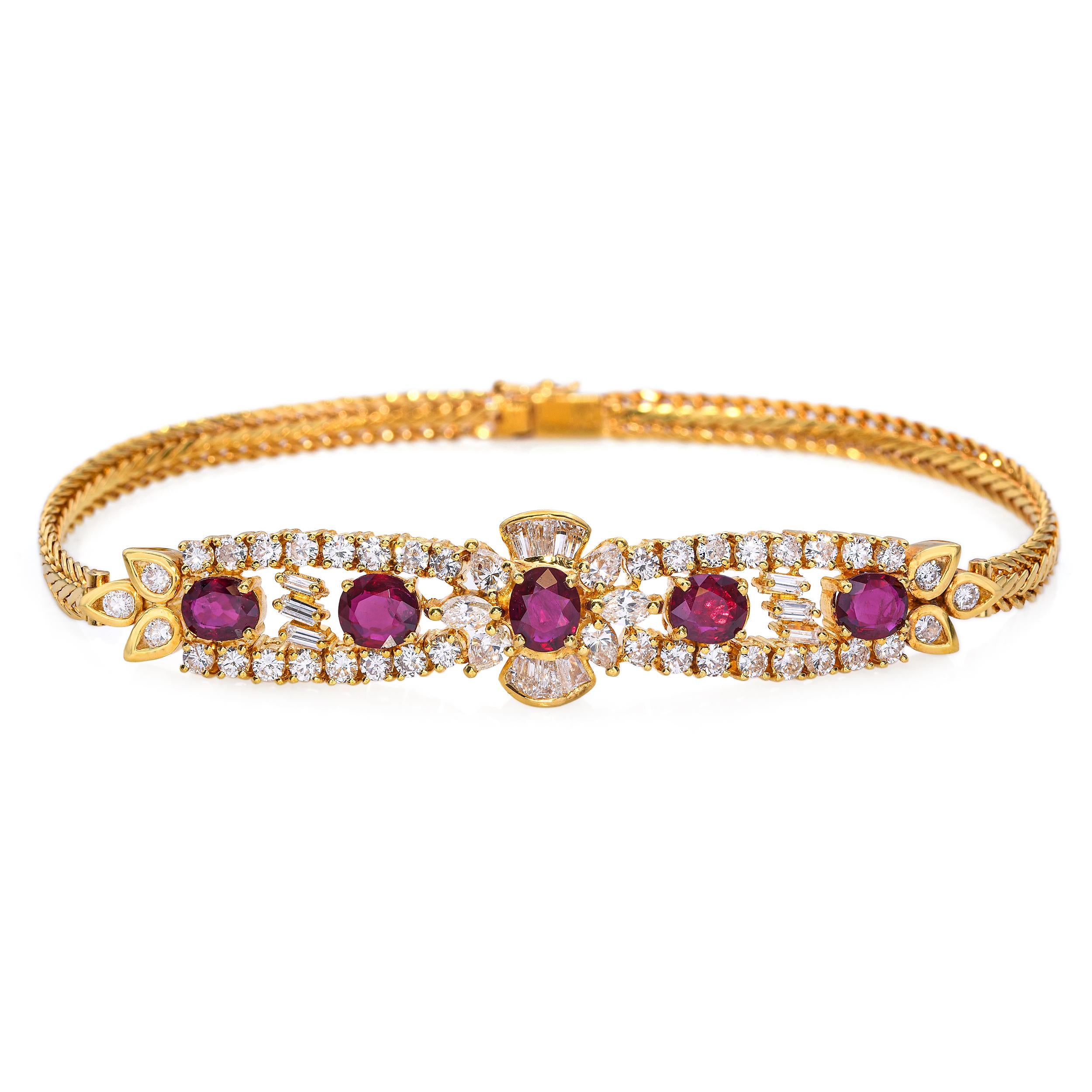 Vintage 18k Yellow Gold Ruby and Diamond Bracelet