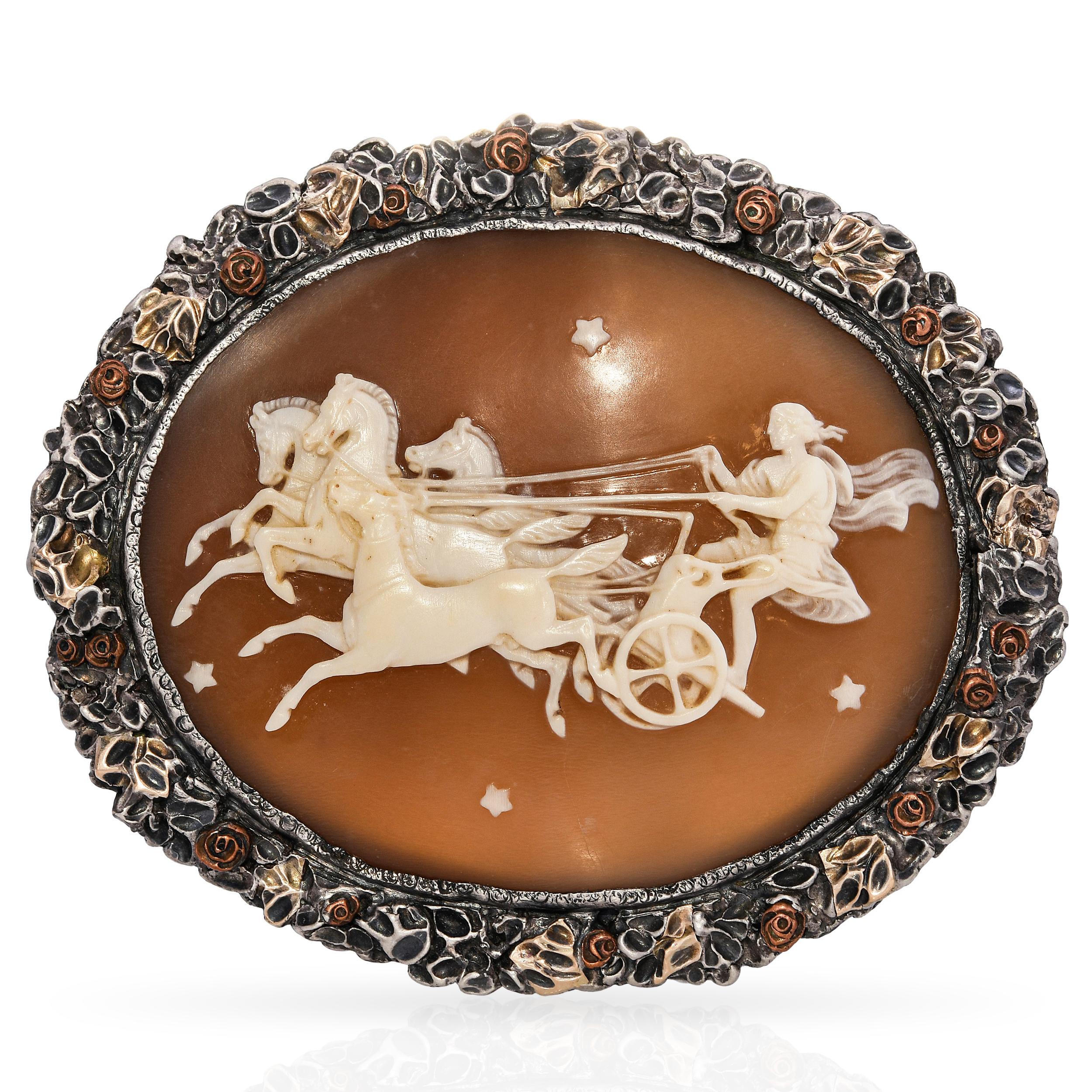 Antique Sterling Silver Cameo Night Comes Rushing Metaphor Brooch Pin