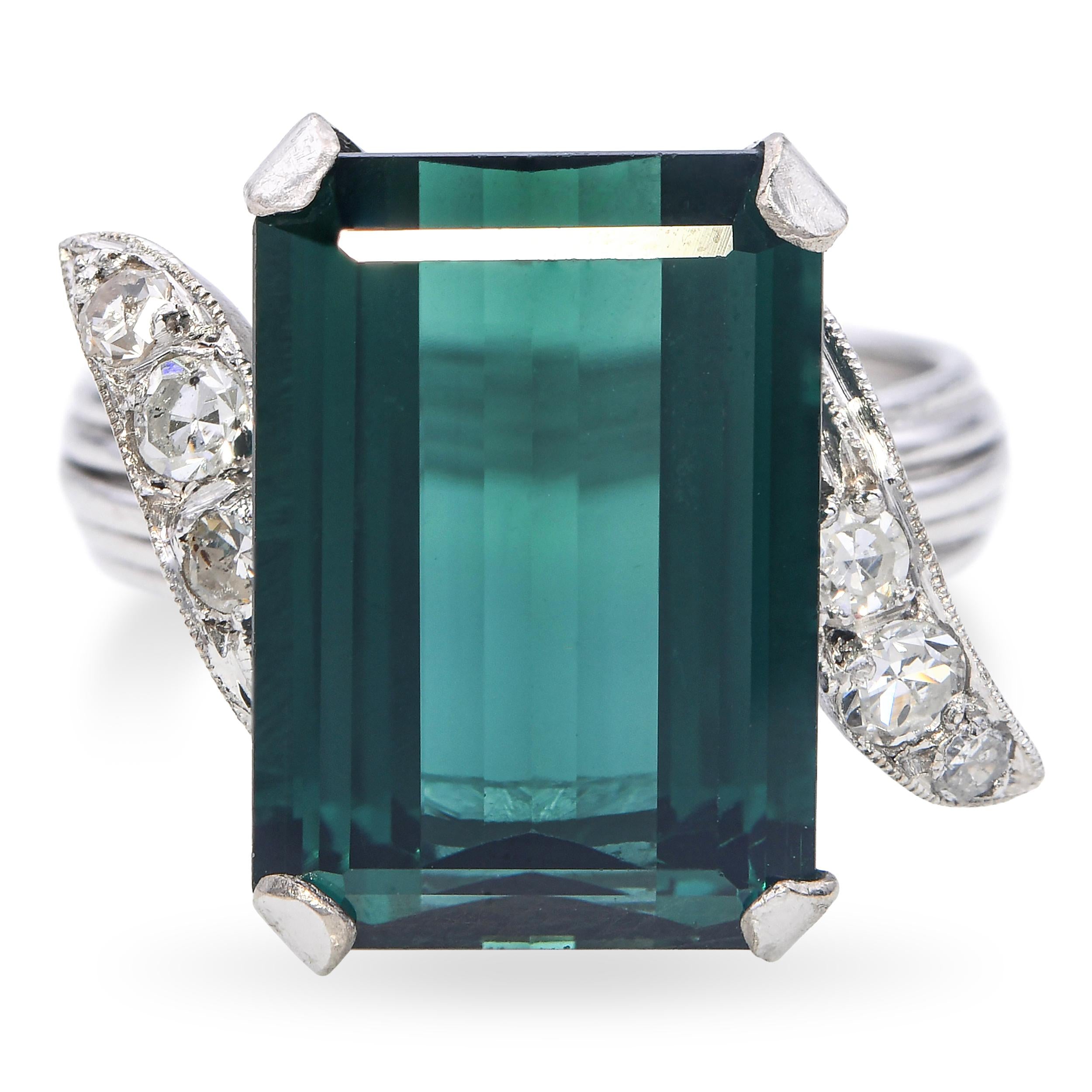 Vintage White Gold Diamond & 7.85ct Lagoon Tourmaline Ring