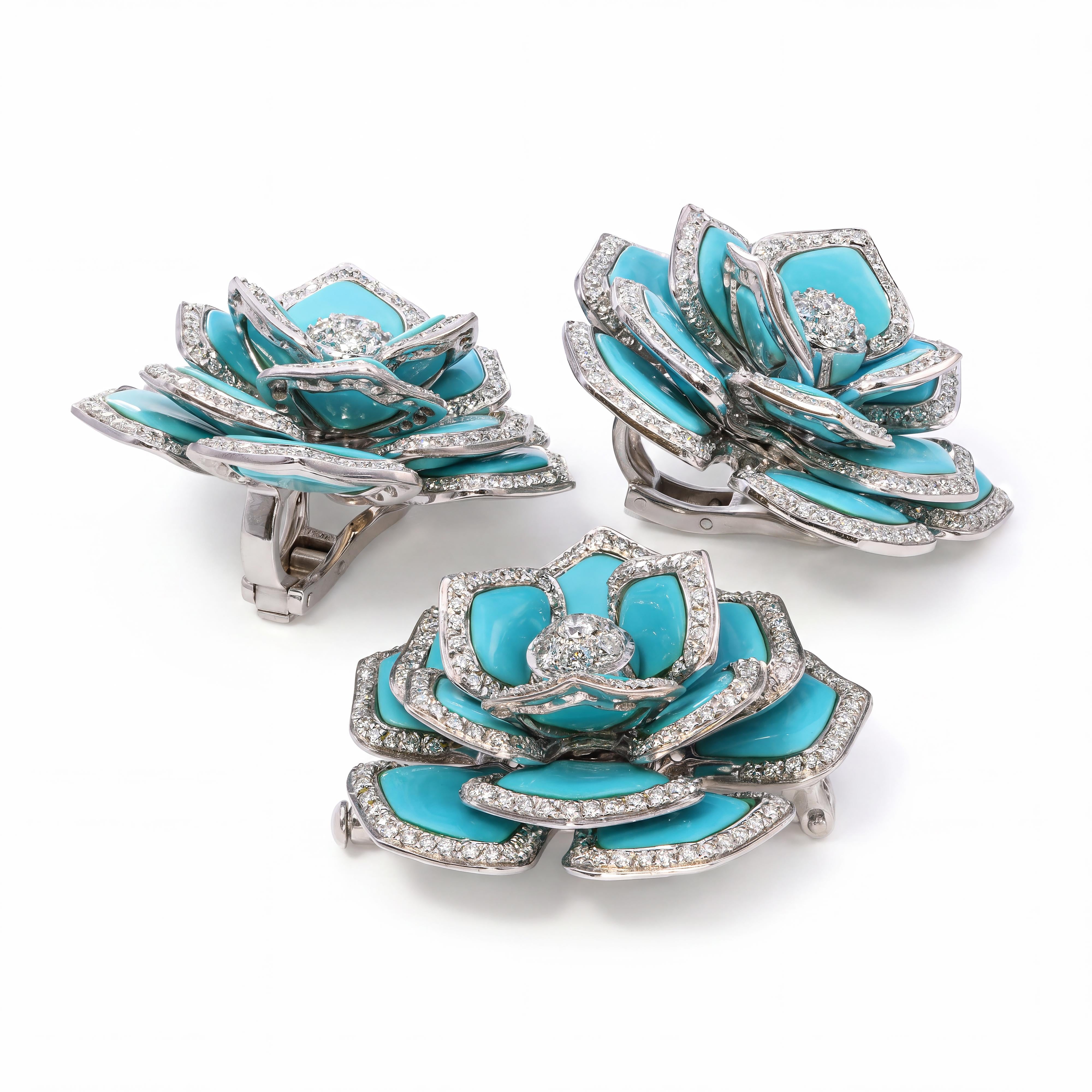 18k White Gold Carved Turquoise and 9.24tcw Diamond Flower Earring & Brooch Set